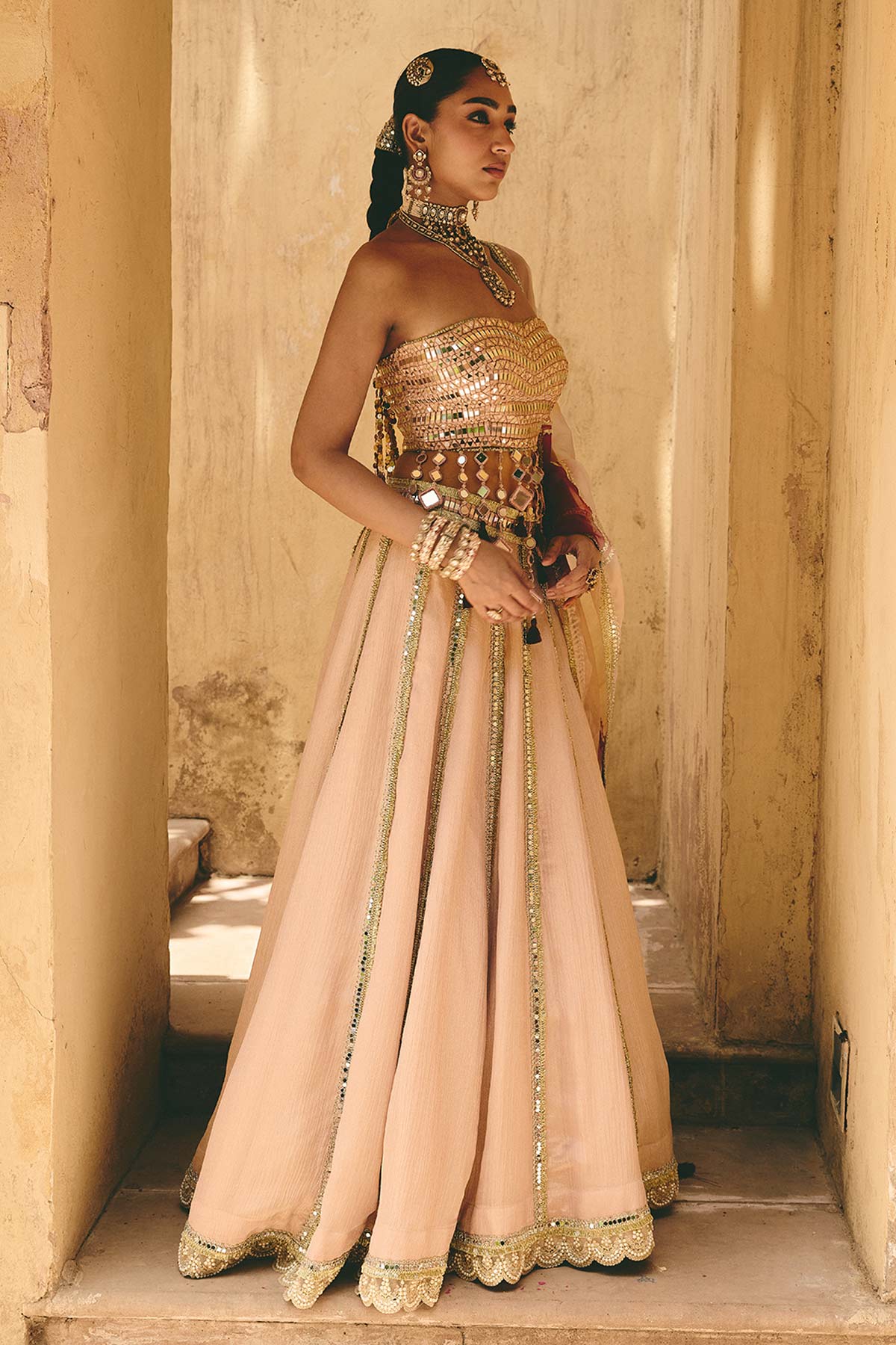 Nude Crinkle Tissue Lehenga Set