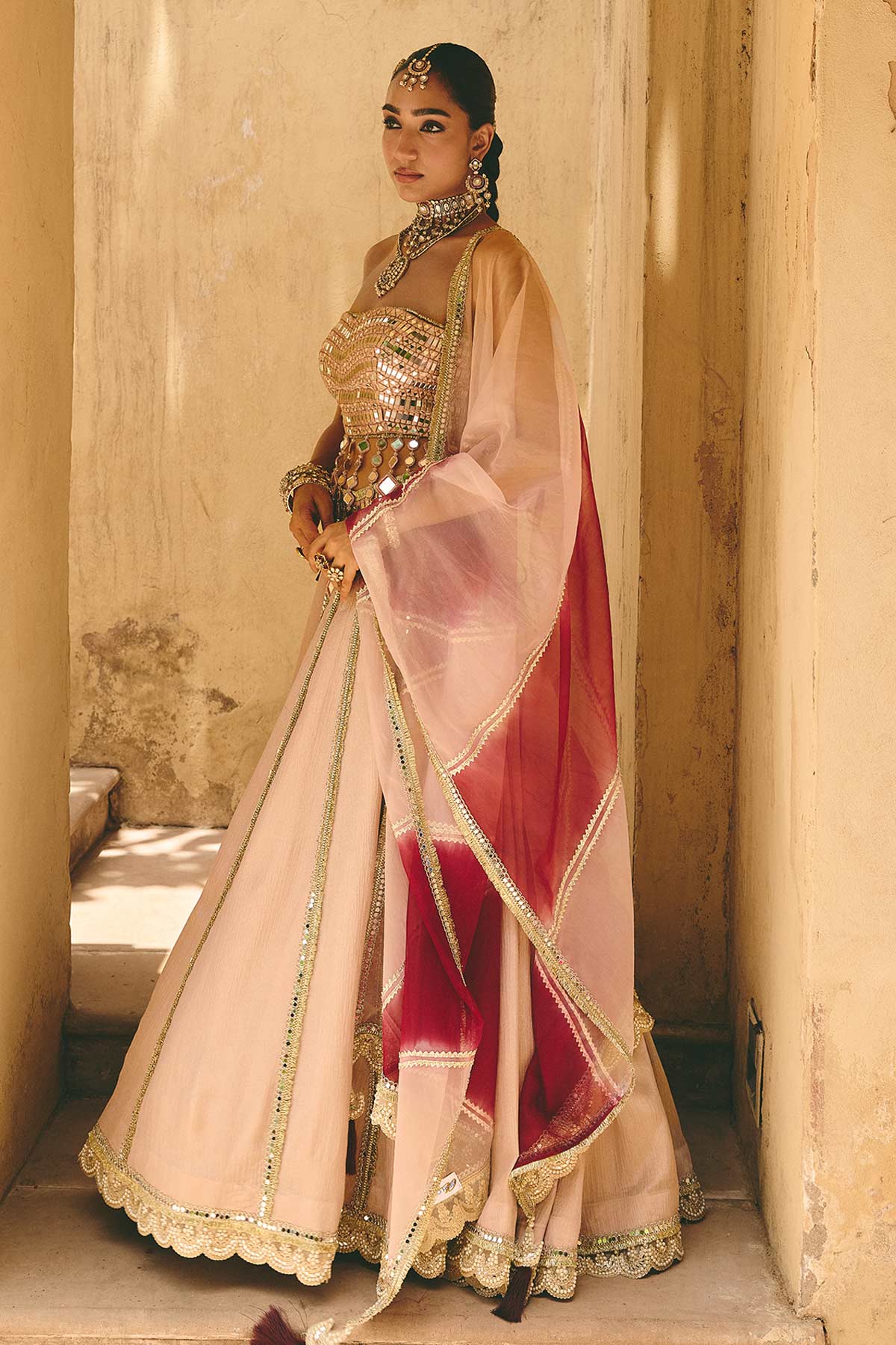Nude Crinkle Tissue Lehenga Set