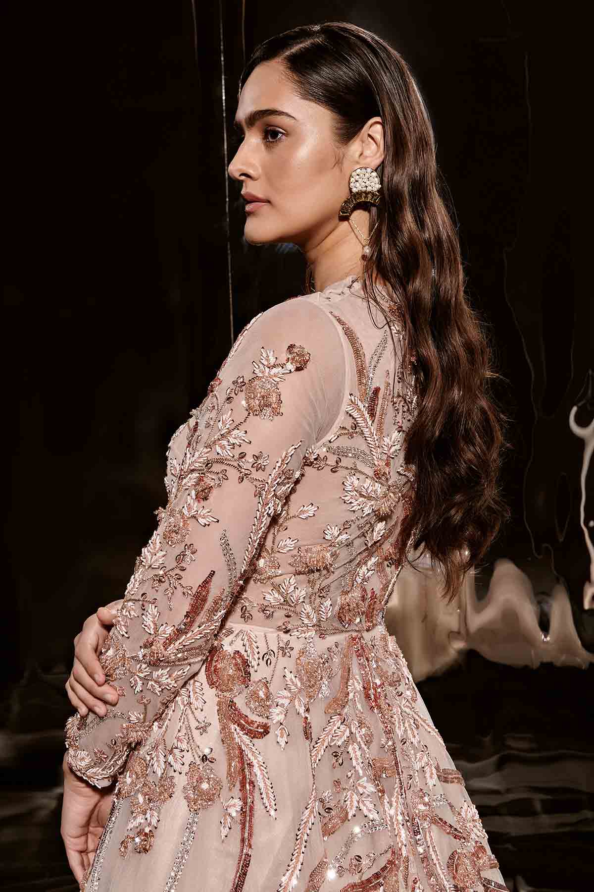 Nude Embroidered Flared Gown