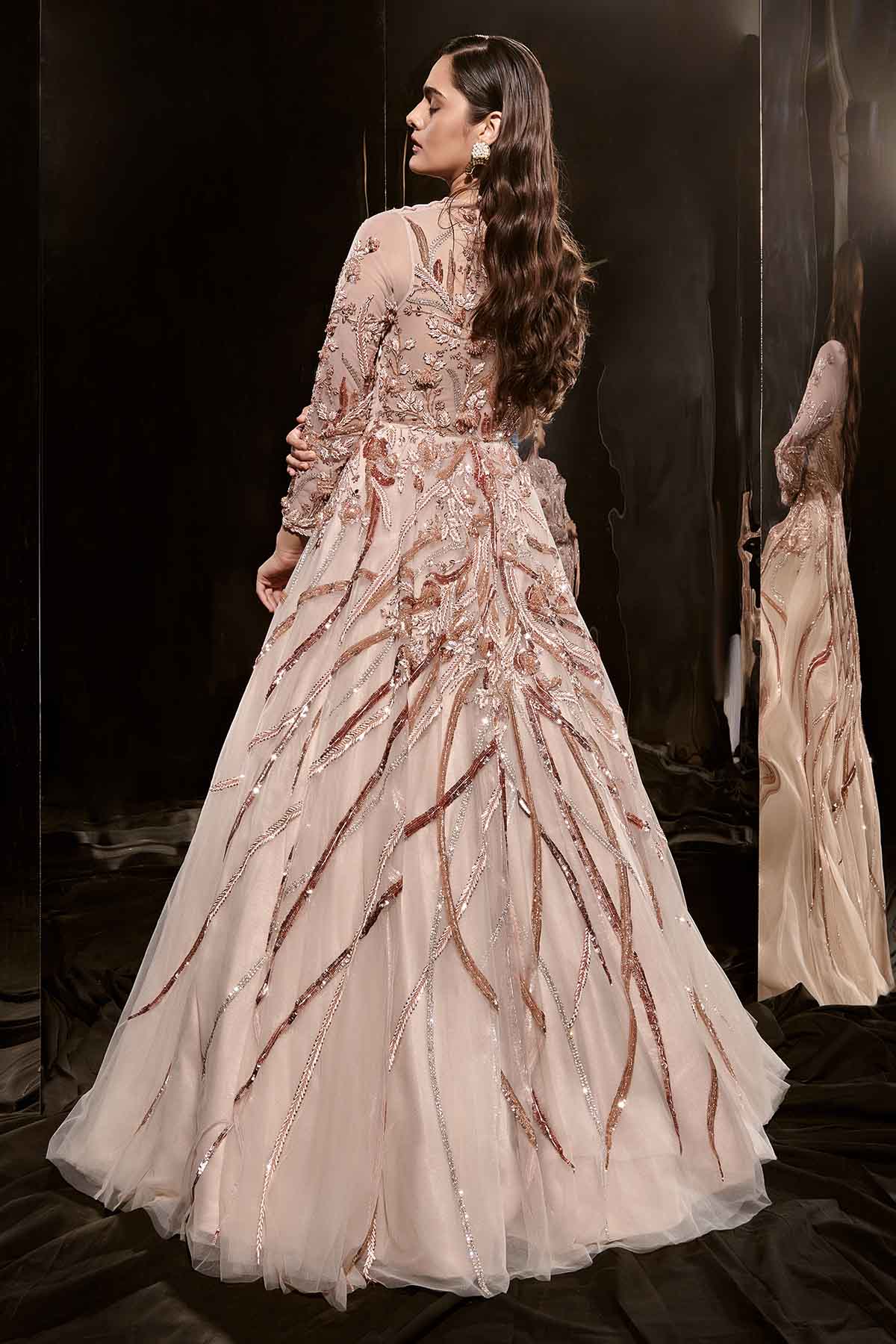 Nude Embroidered Flared Gown