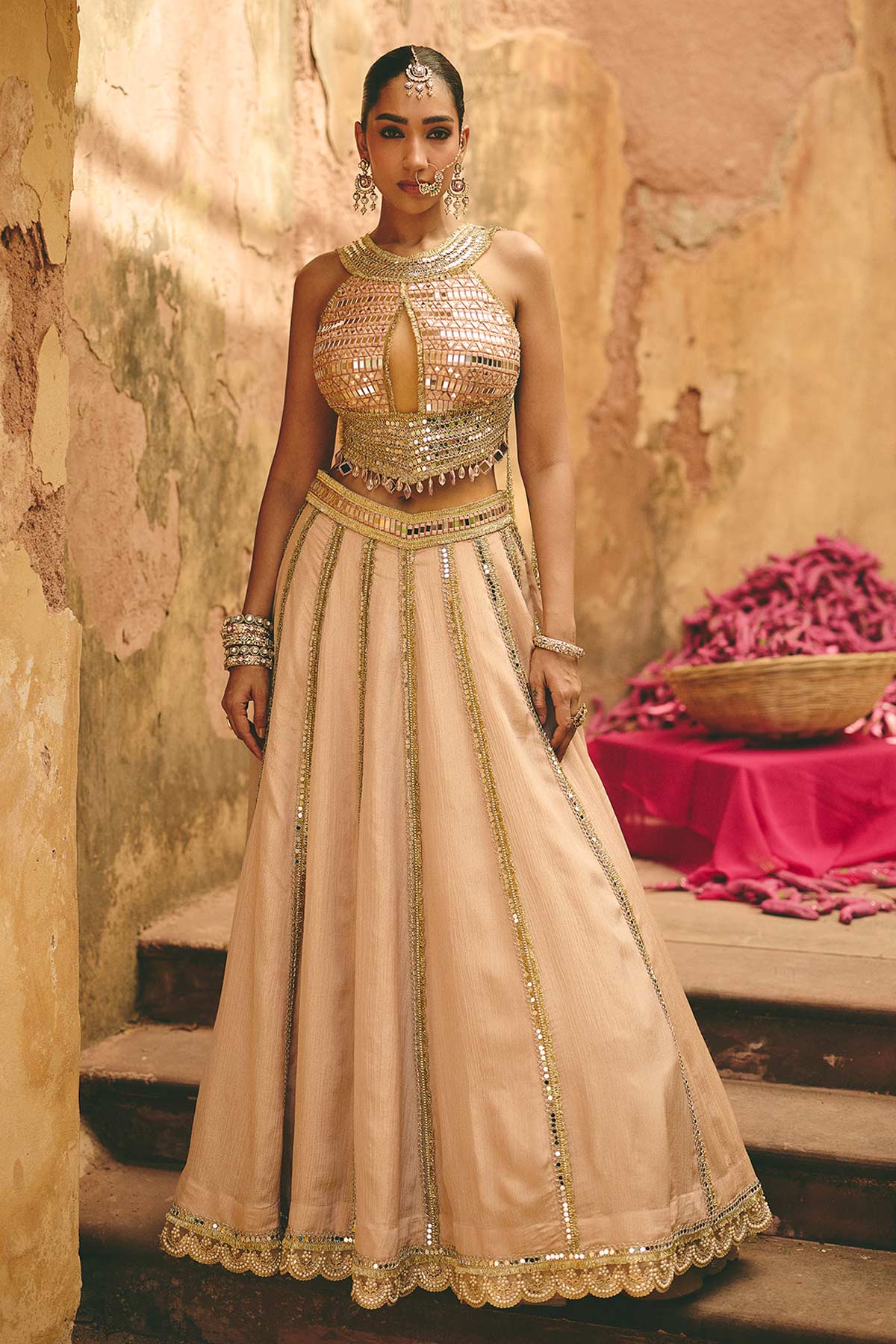 Buy Nude Mirror & Zari Lehenga Set for women by Ajiesh Oberoi online available at scrollnshops
