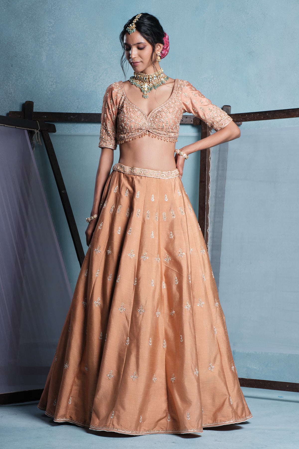 Nude Sweetheart Neck Lehenga Set