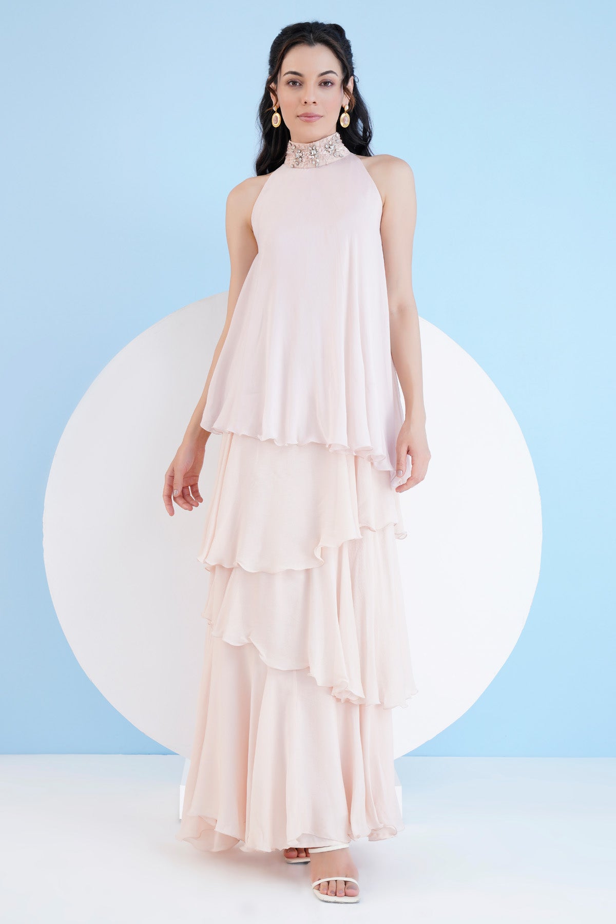 Buy Nude Tiered Halter Neck Dress by Mandira Wirk