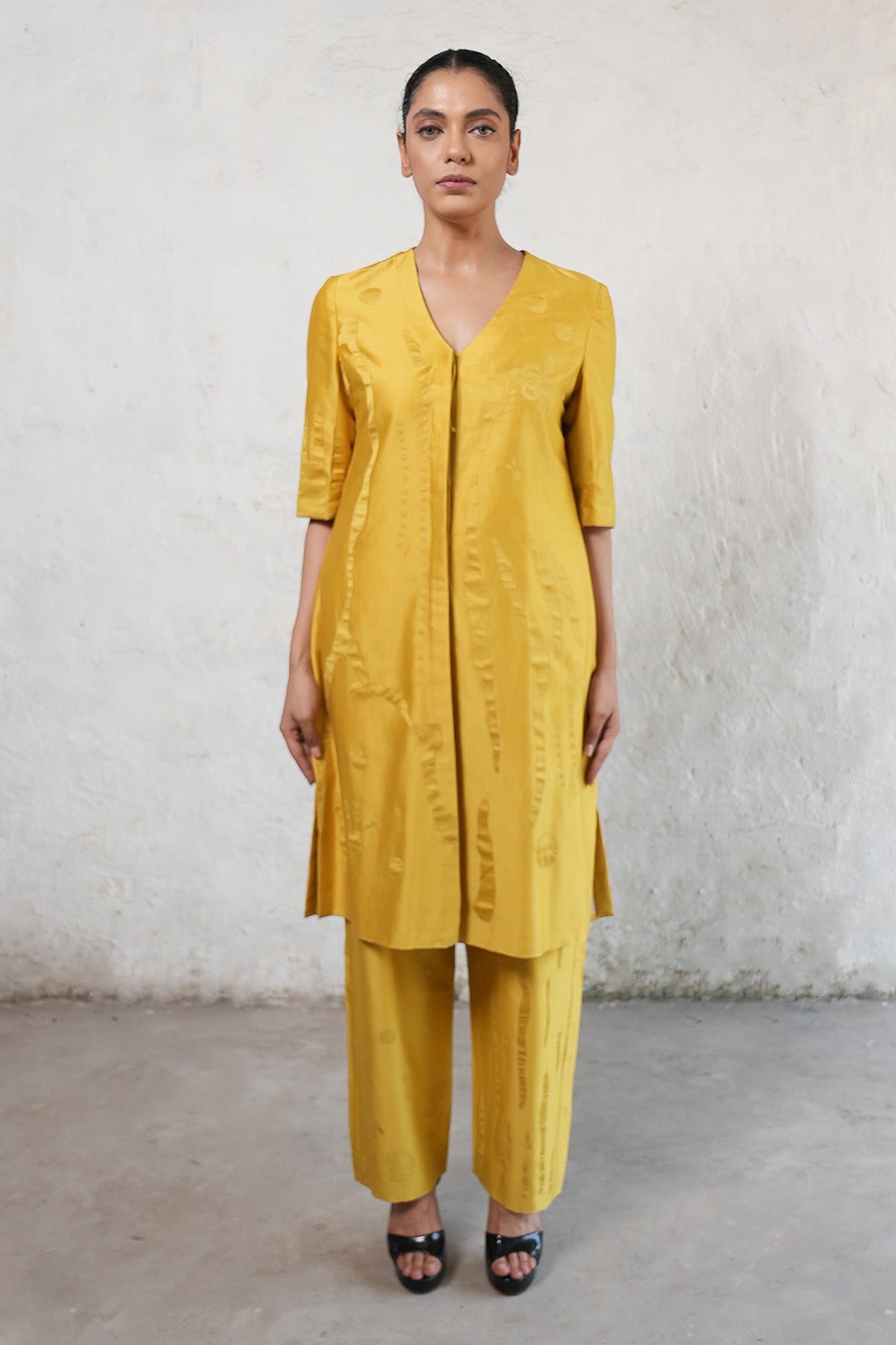 Buy Ochre Applique Work Kurta Set by Saksham Neharicka for women online at ScrollnShops