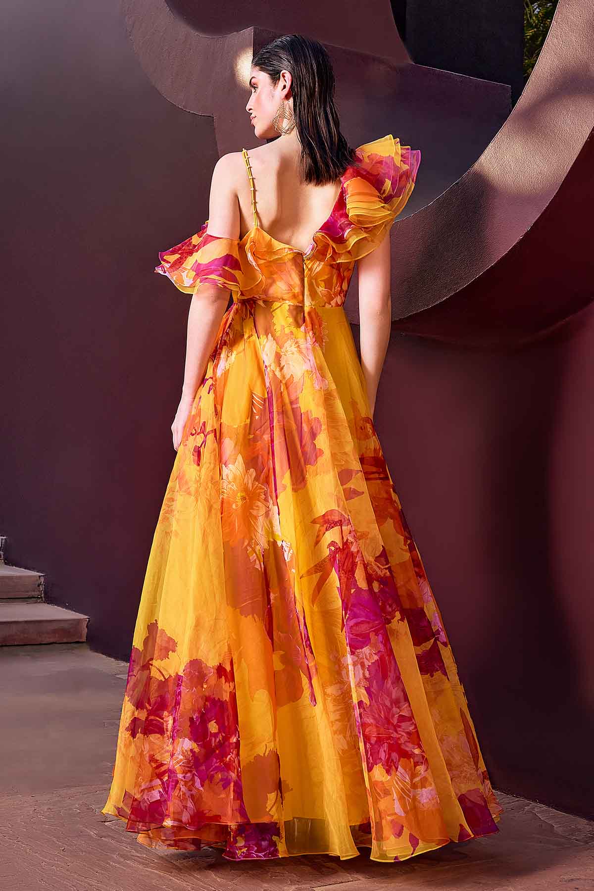 Ochre Floral One Shoulder Gown