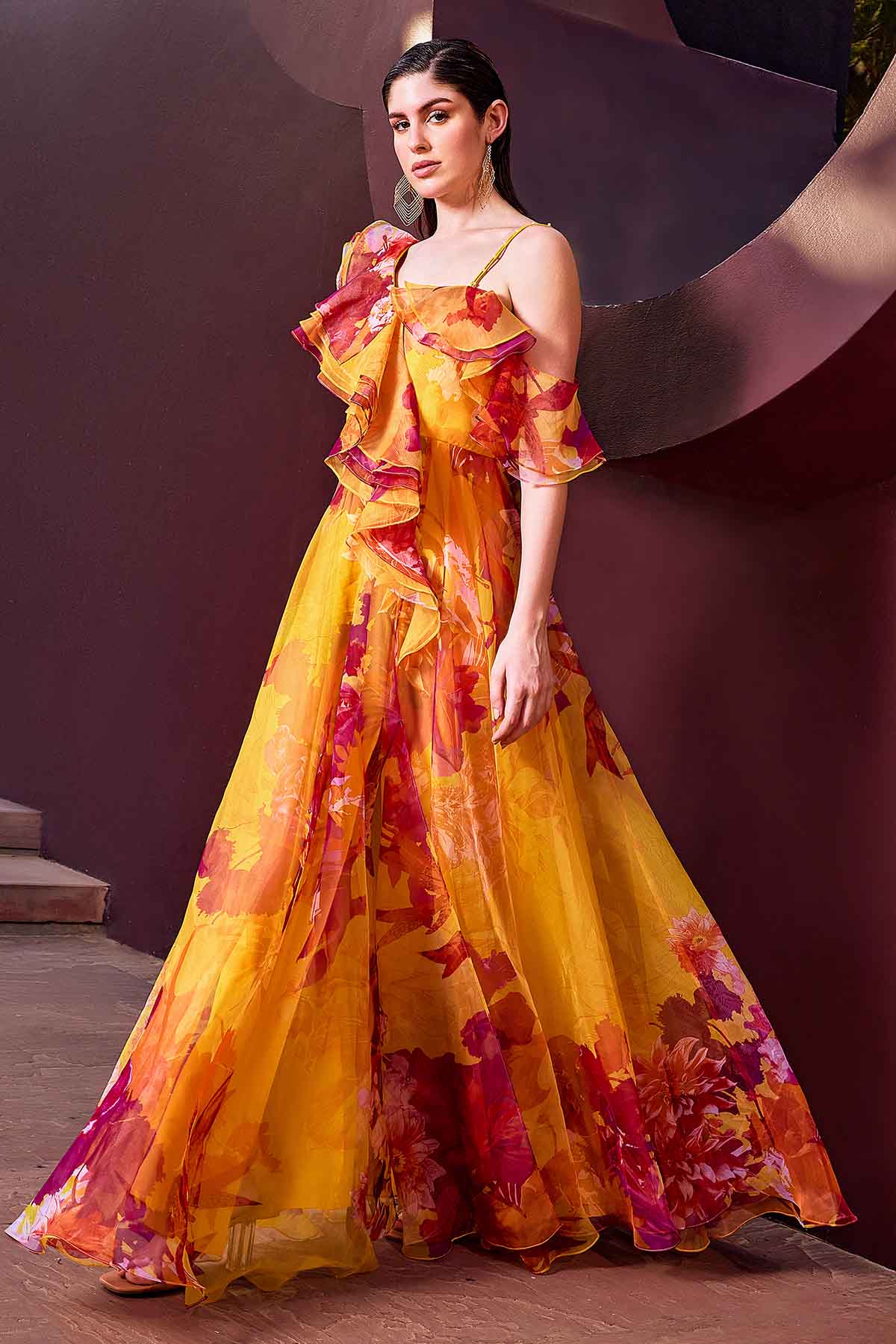 Ochre Floral One Shoulder Gown
