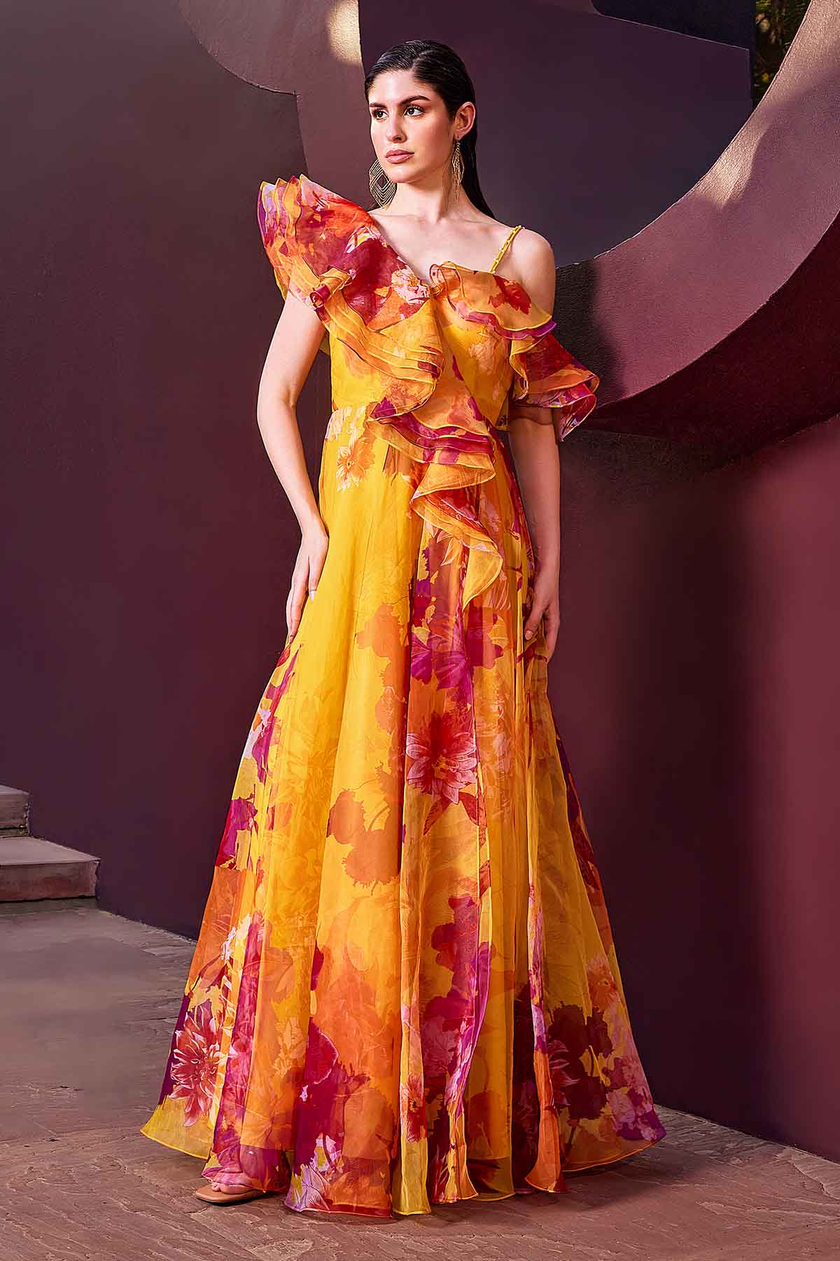 Buy Ochre Floral One Shoulder Gown by Mandira Wirk for women online at ScrollnShops