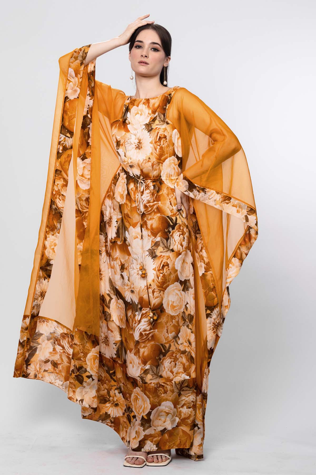 Buy Ochre Floral Panelled Kaftan by Mandira Wirk