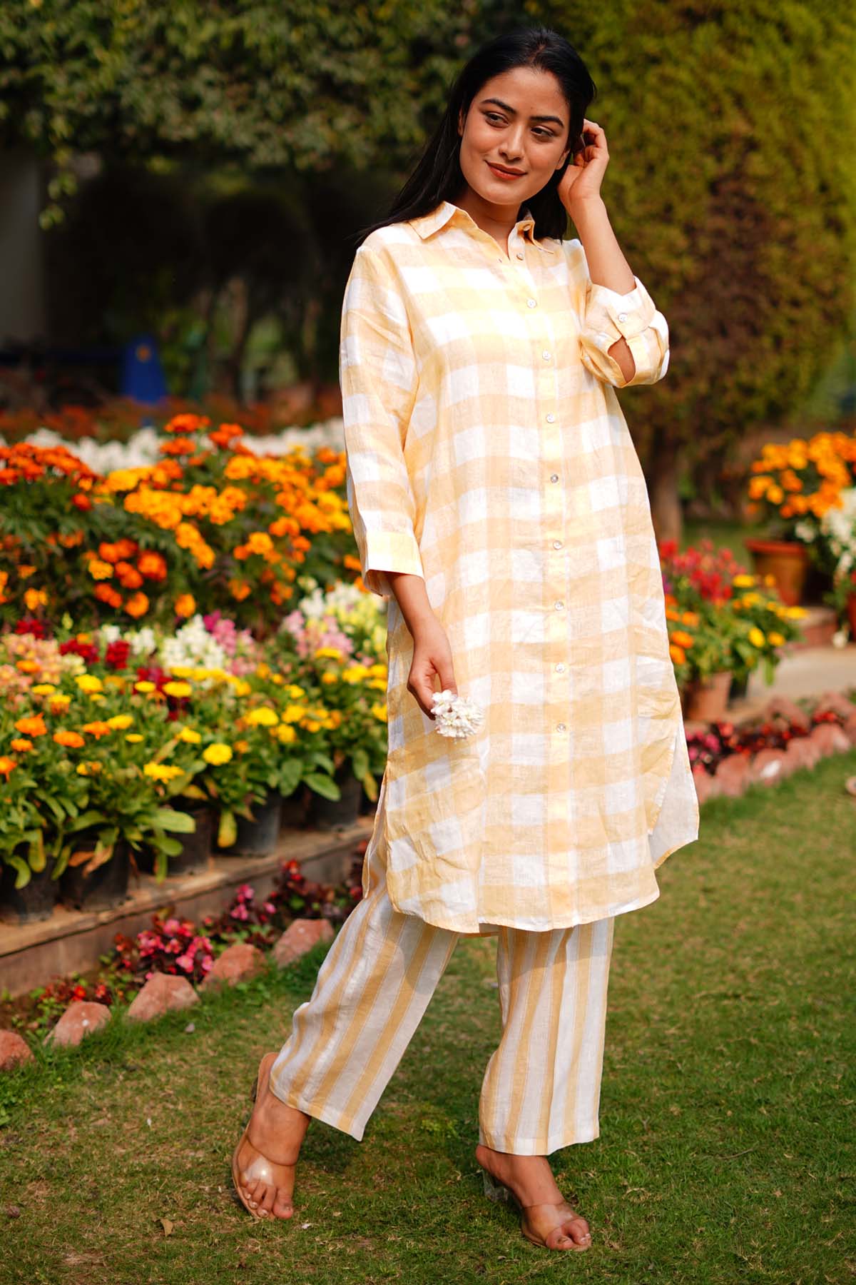 Buy Designer Ochre Pure Linen Stripe Pants Online