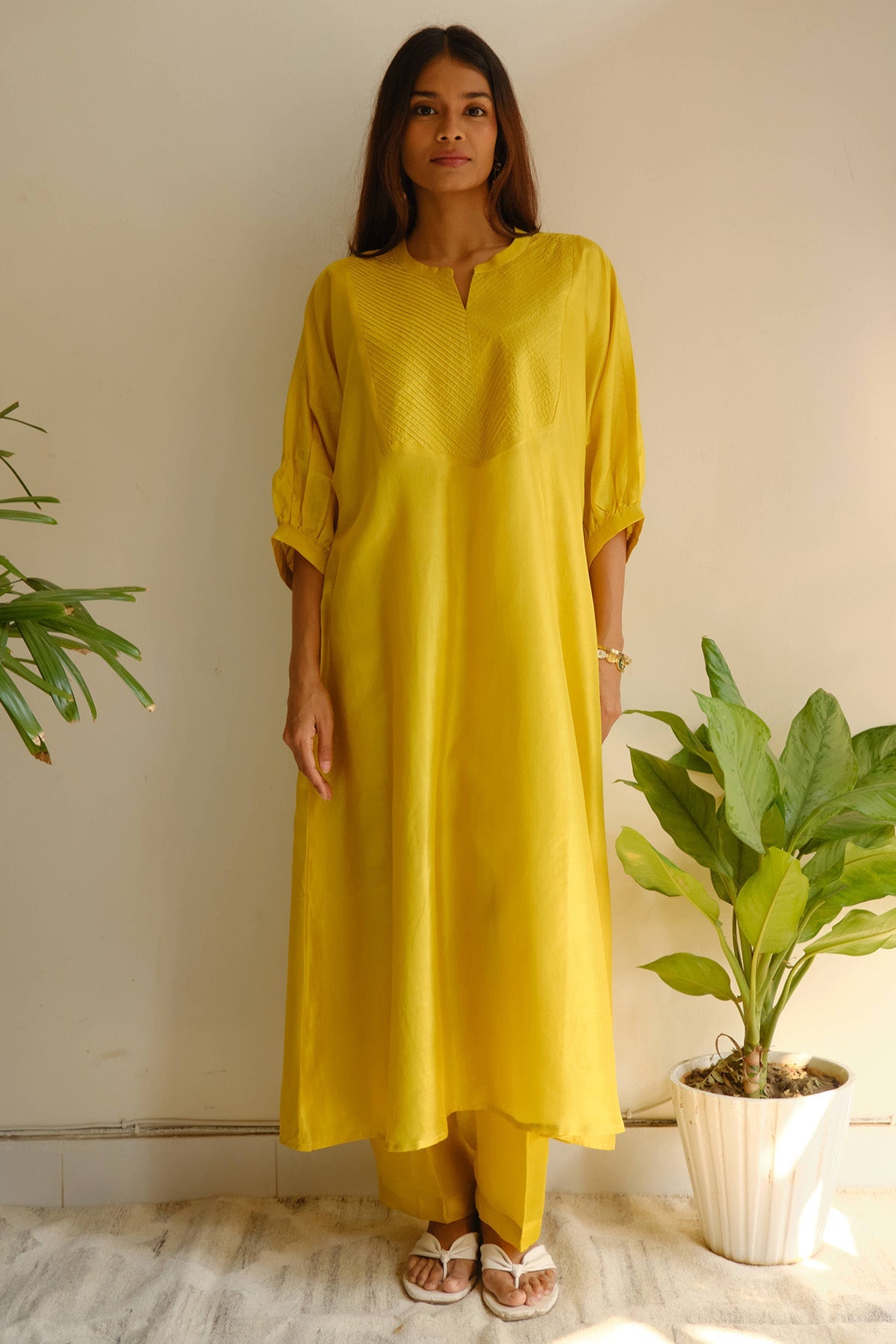 Buy Ochre Silk Pintuck Kurta Set for women by Juanita by Shubhda online available at scrollnshops