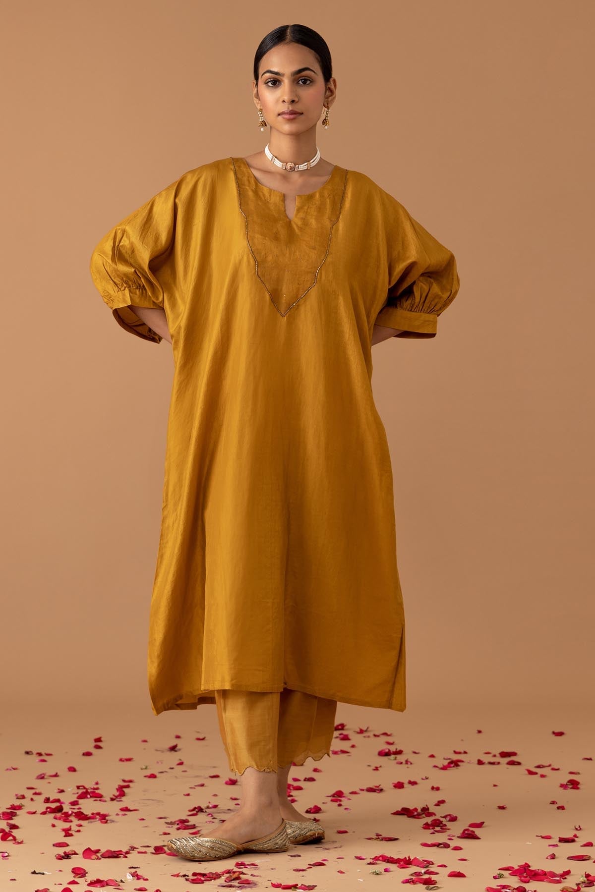 Juanita by Shubhda Ochre Silk Zari Kaftan & Pants for women online at ScrollnShops