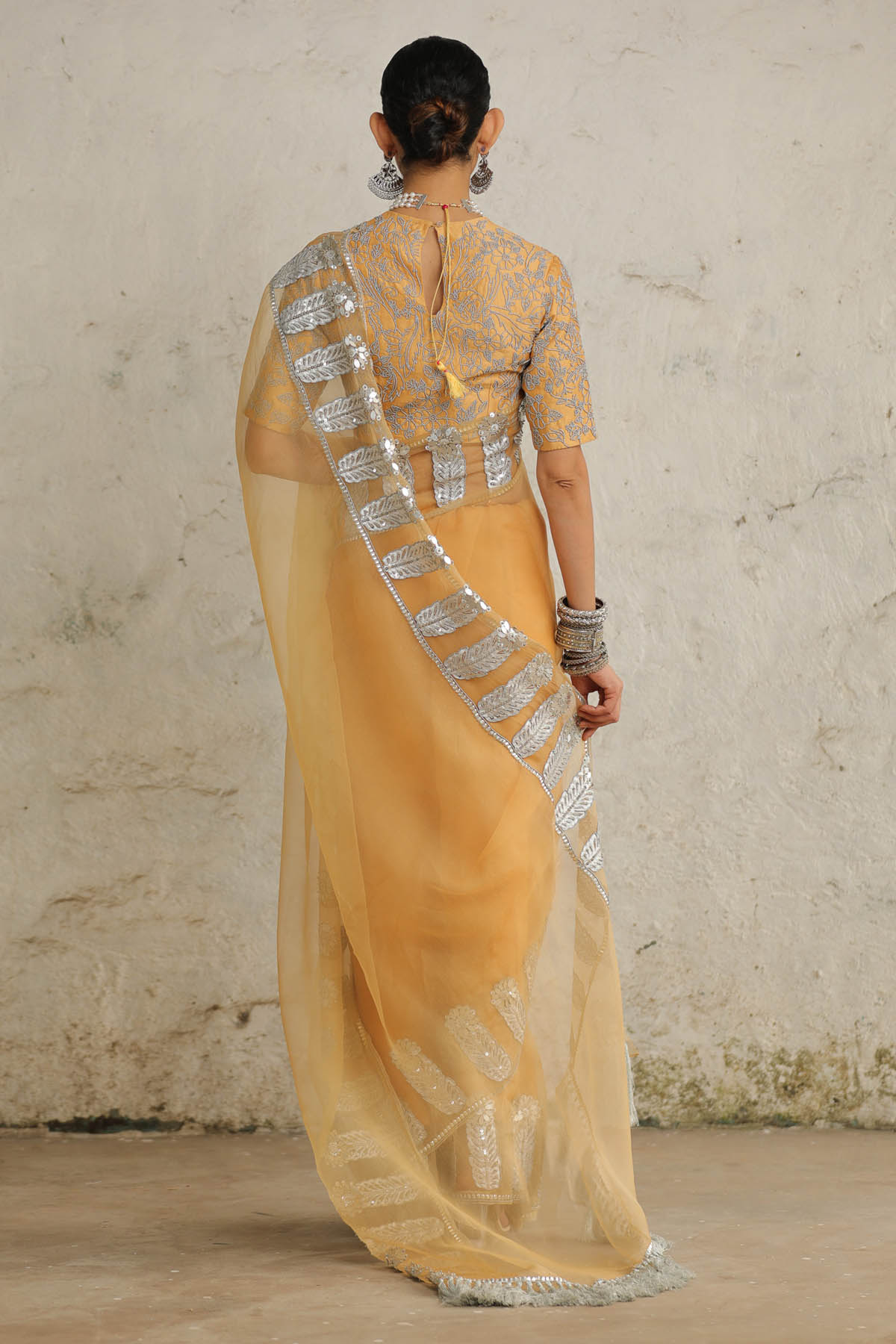 Ochre Silver Applique Saree Set