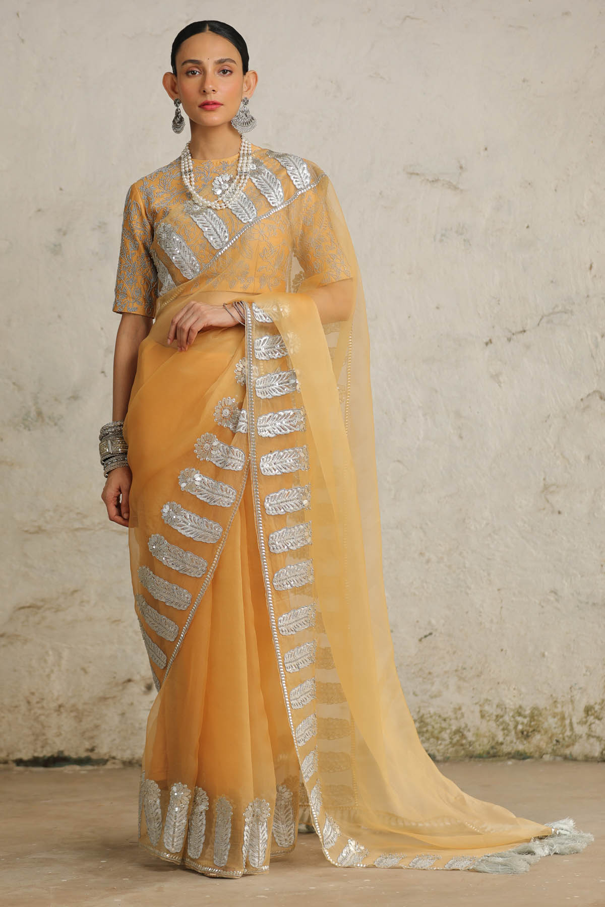 Saksham Neharicka Ochre Silver Applique Saree Set for women online at ScrollnShops