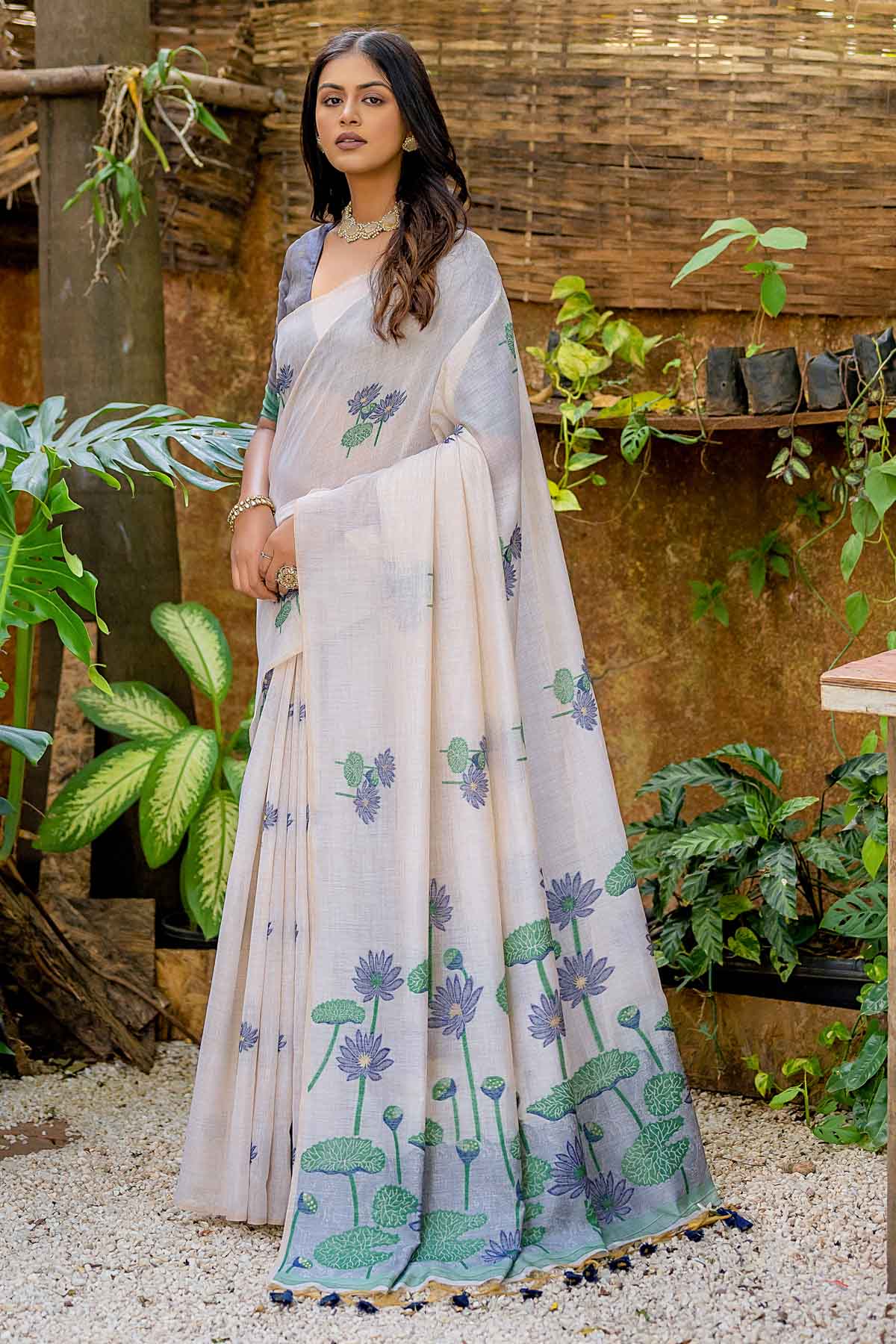 Off-White Lotus Cotton Saree