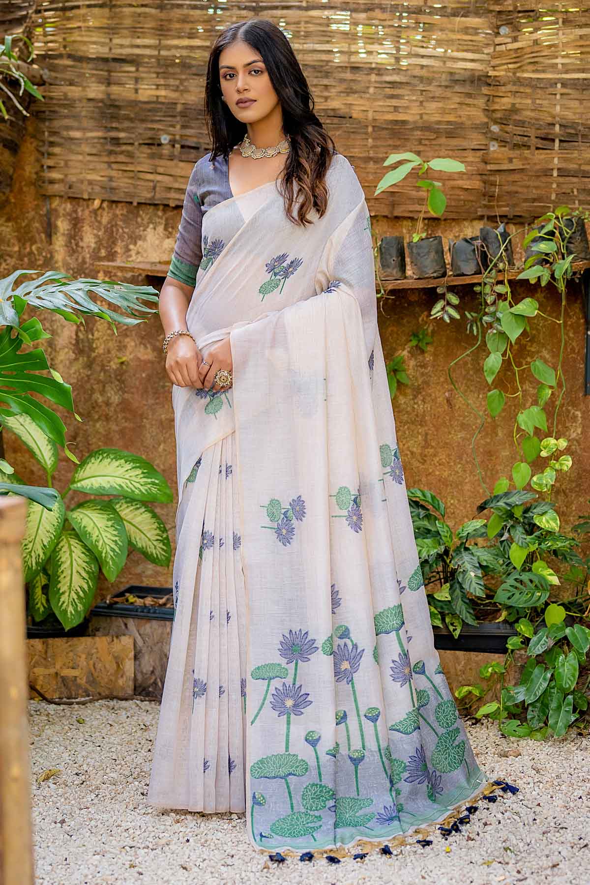 Off-White Lotus Cotton Saree