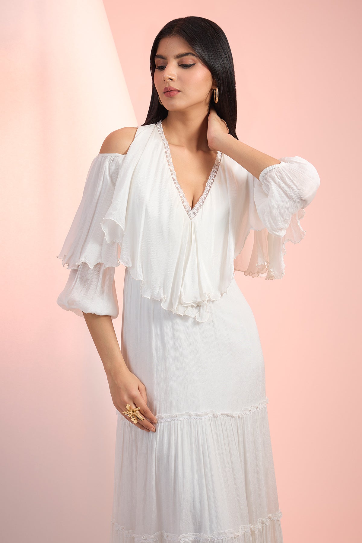 Off-White Chiffon Layered Dress