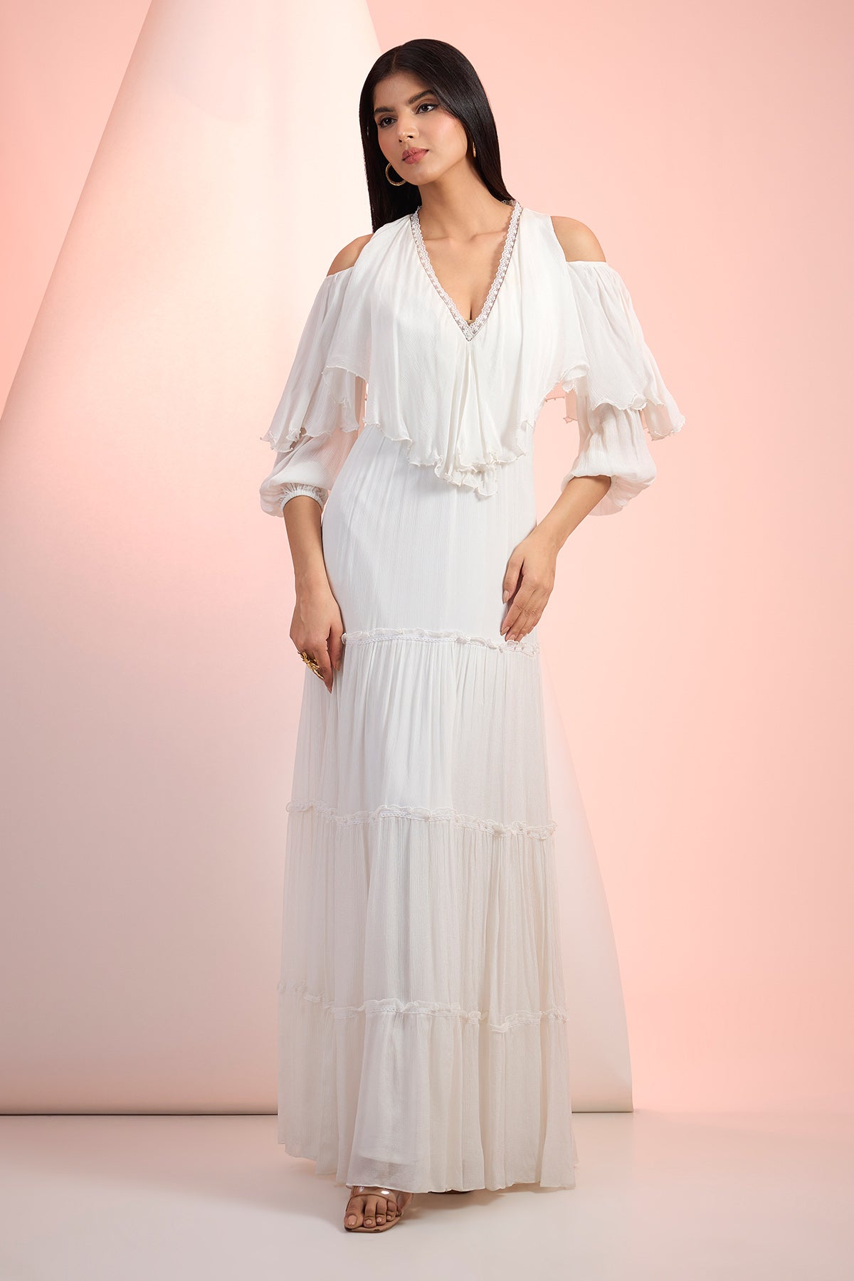 Buy Off-White Chiffon Layered Dress by Mandira Wirk for Women online at ScrollnShops