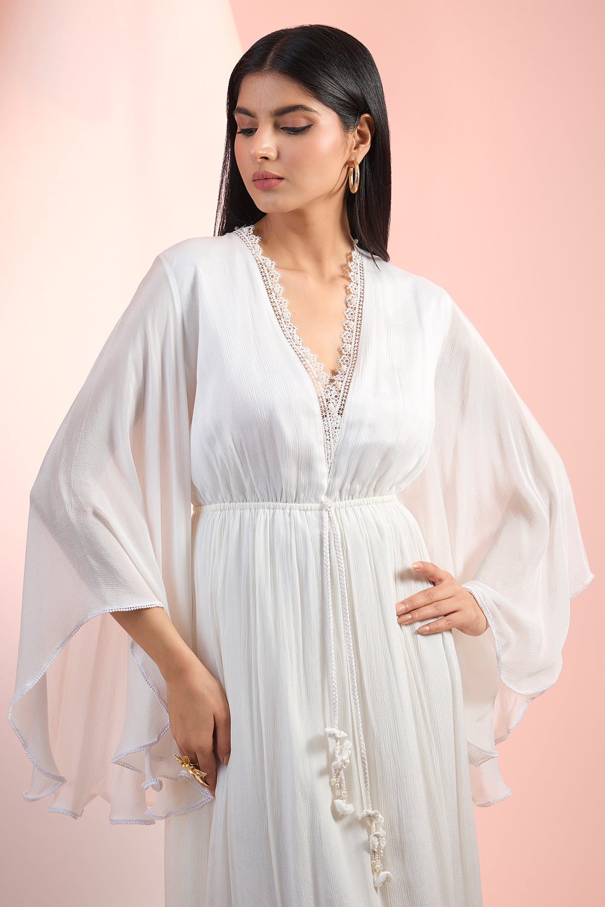 Off-White Chiffon V-Neck Dress