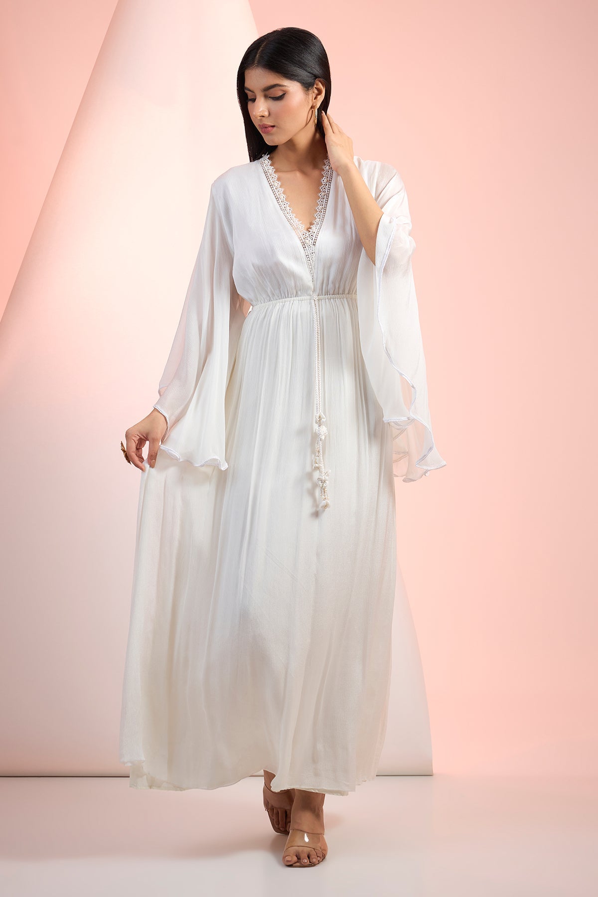 Buy Off-White Chiffon V-Neck Dress by Mandira Wirk for Women online at ScrollnShops