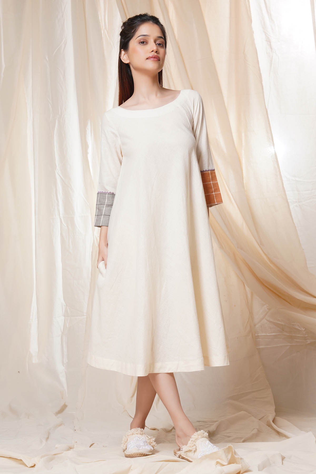 Thread Game Off-White Handwoven Cotton Flare Midi Dress for women online at ScrollnShops