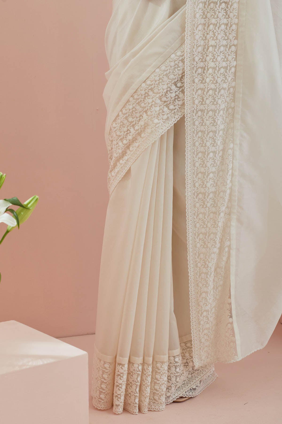 Off-White Lace Embroidered Saree