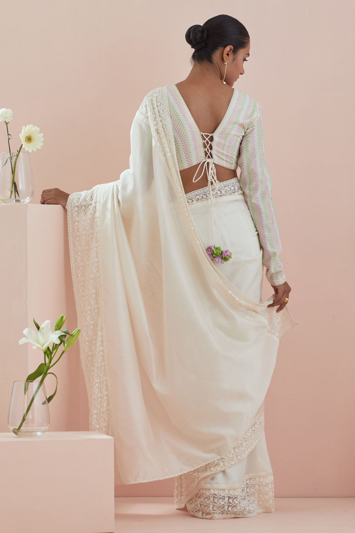 Off-White Lace Embroidered Saree