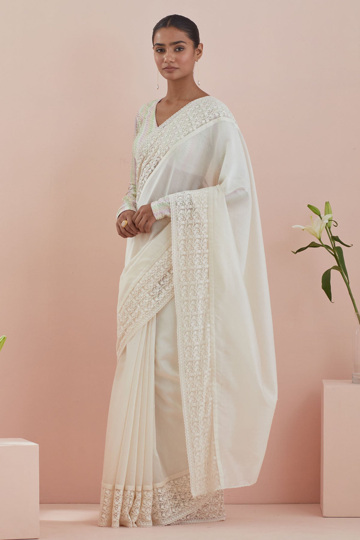 Off-White Lace Embroidered Saree