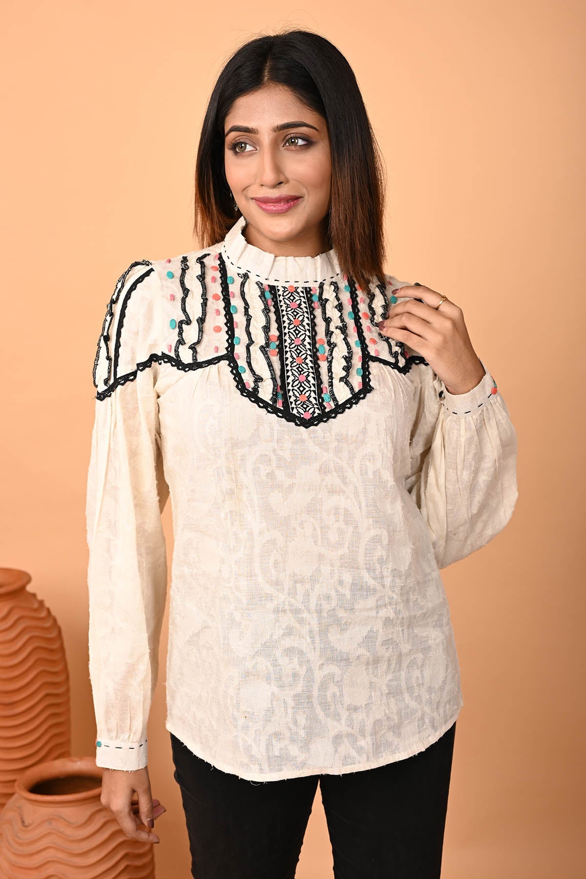 Buy Off-White Lace Embroidered Top by OSKOS for women online at ScrollnShops