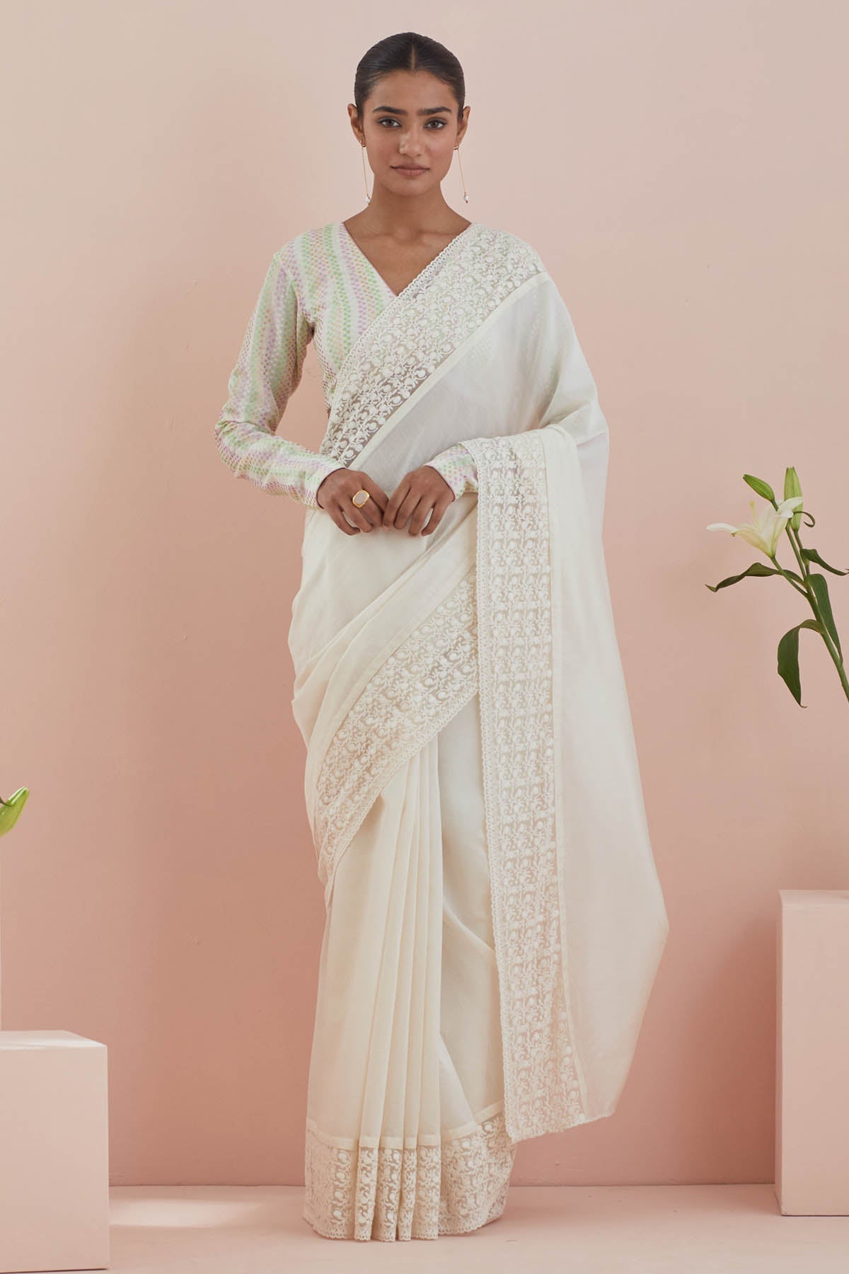 Vinusto Off-White Lace Saree & Blouse for women online at ScrollnShops