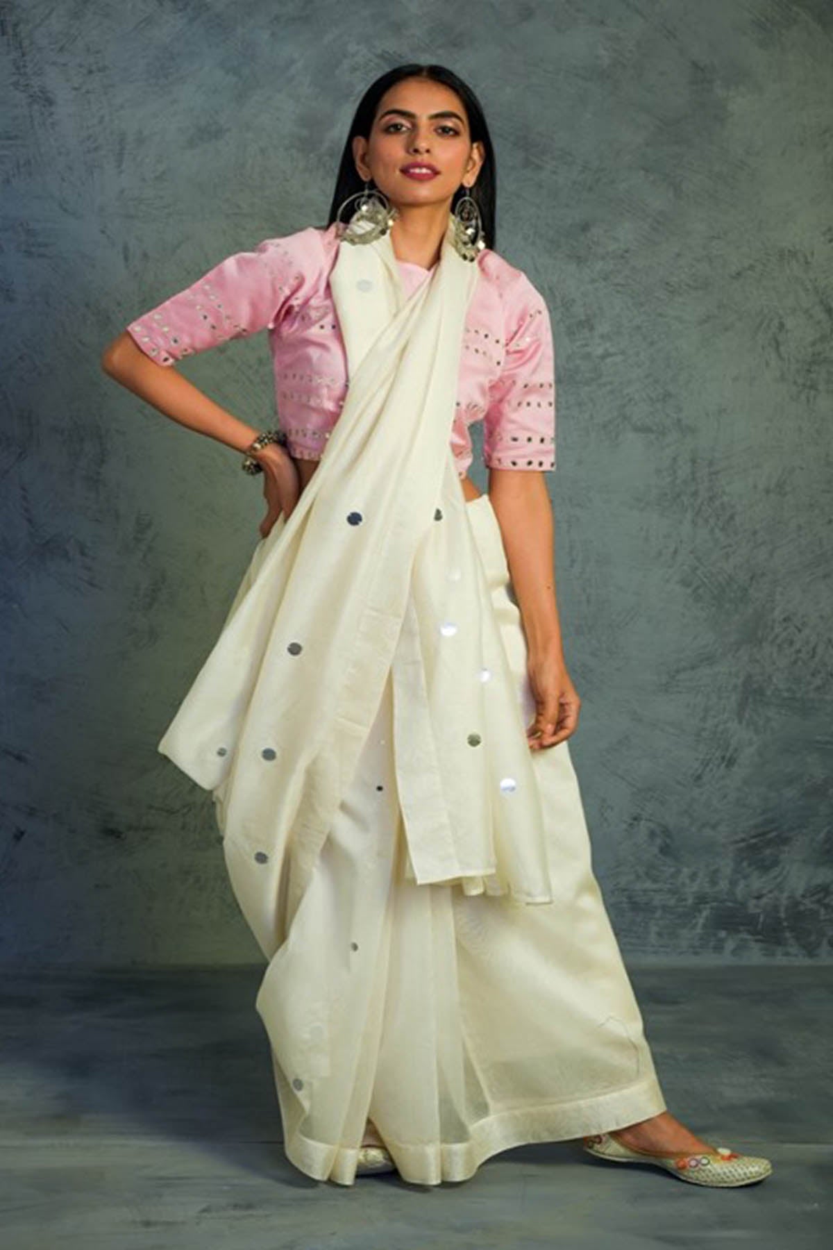 Off-White Mirror Work Saree