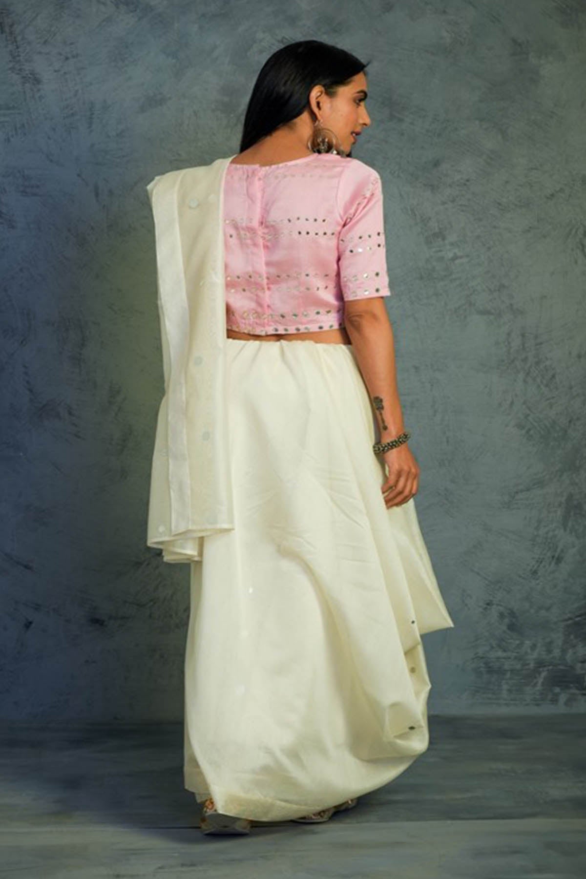 Off-White Mirror Work Saree