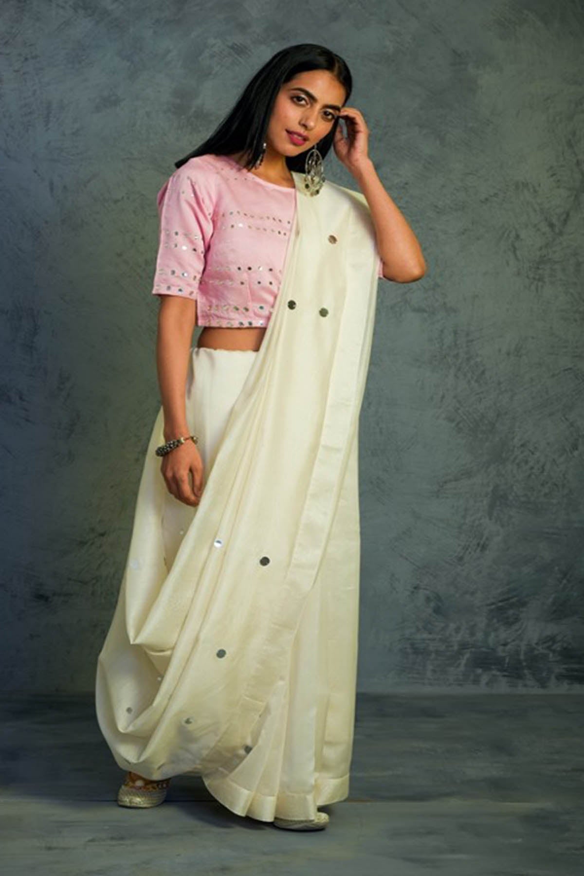Buy Off-White Mirror Work Saree Online