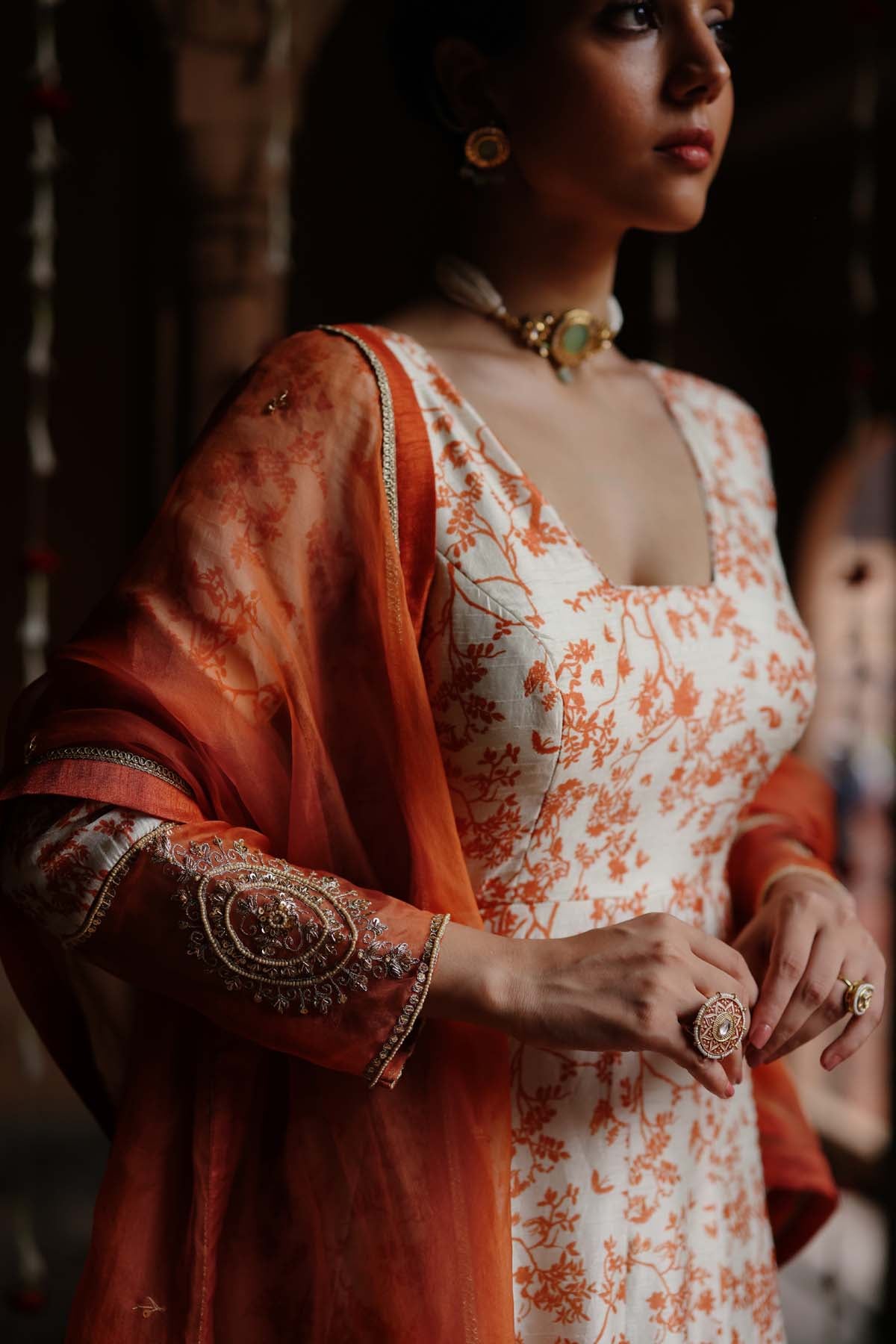 Off-White Printed Anarkali Set