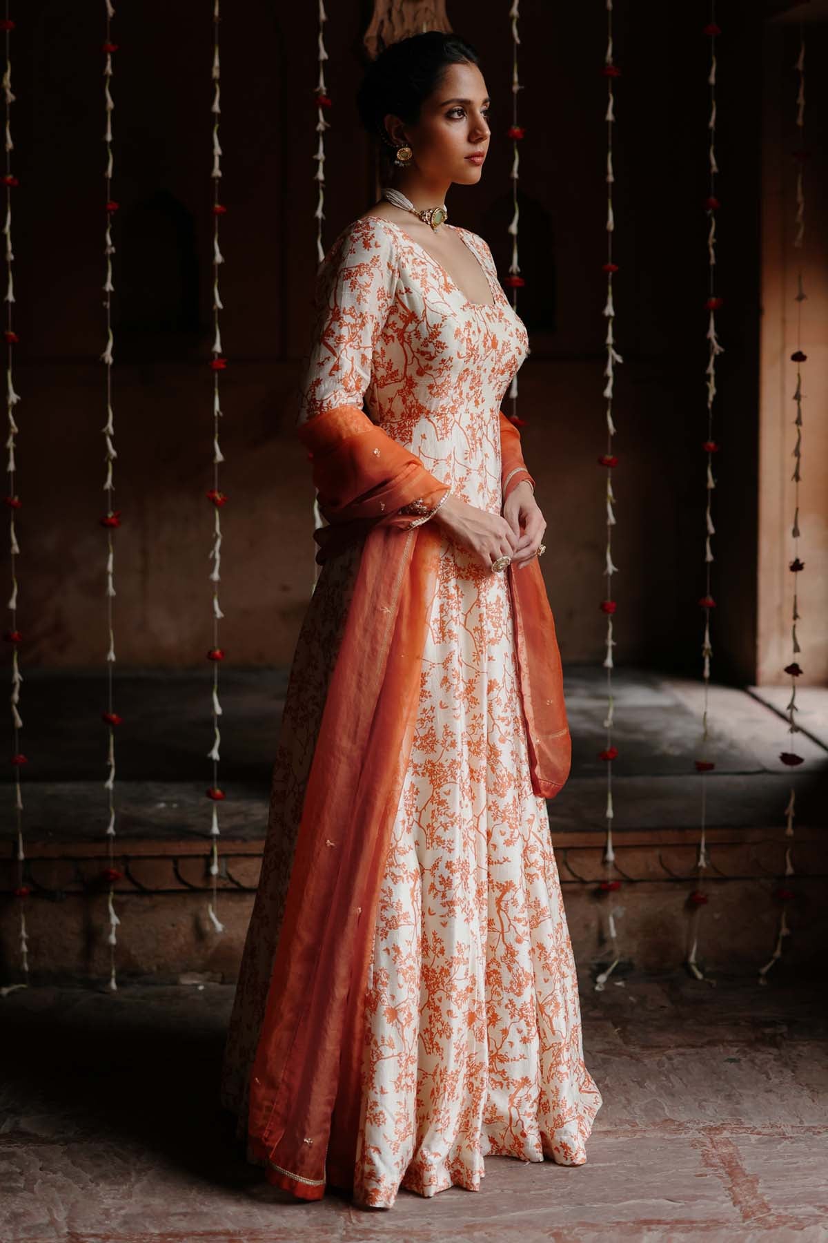 Off-White Printed Anarkali Set