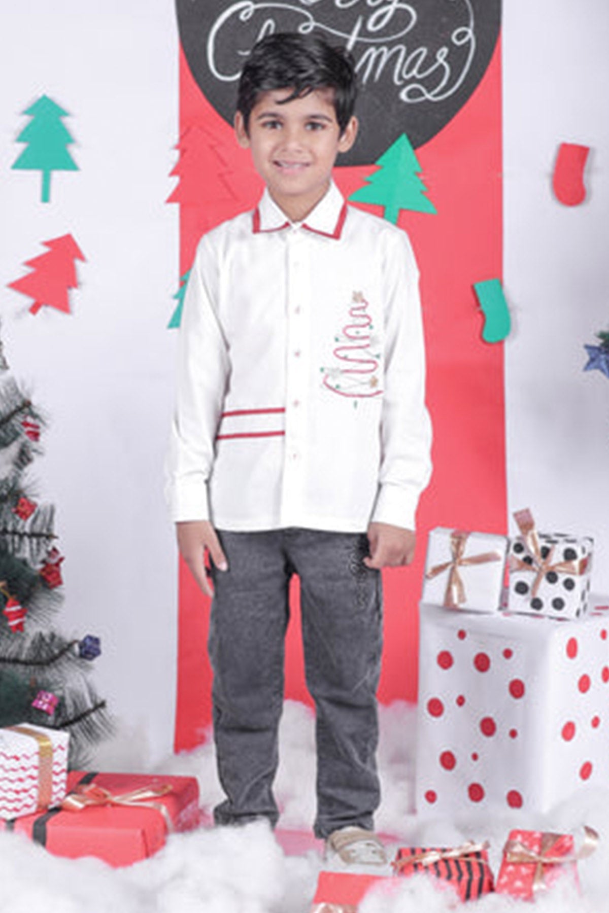 Buy Off-White Tree Embroidered Shirt by Little Brats for Boys online at ScrollnShops