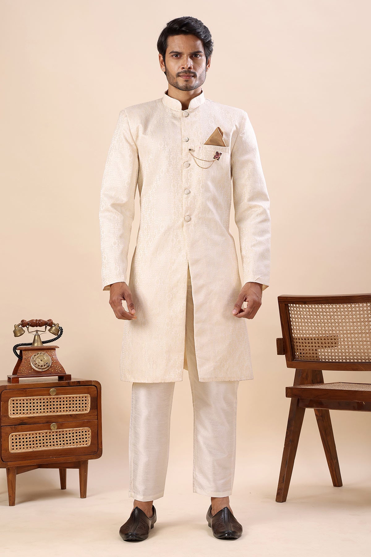 Buy Off White Cotton Sherwani Set for men by Aastha Fashion online available at scrollnshops