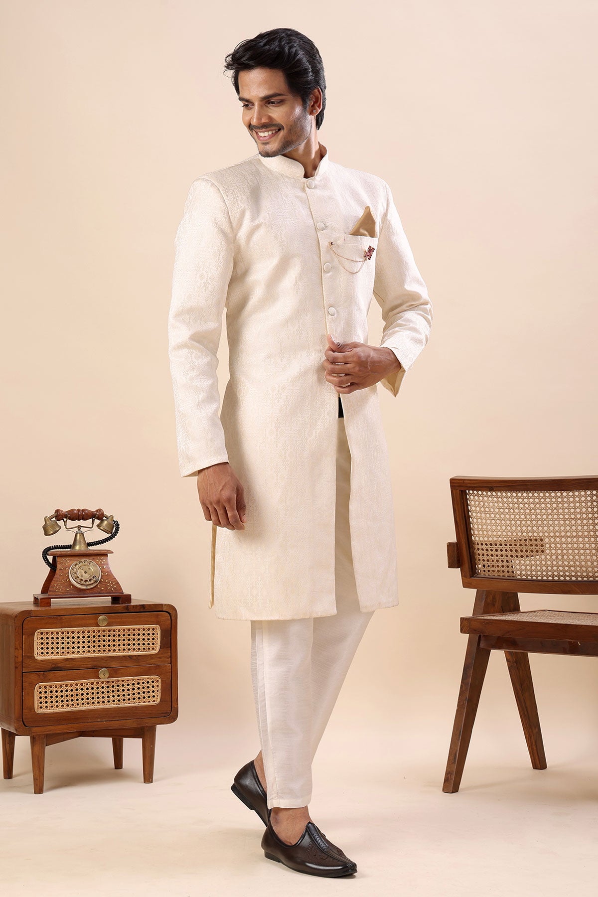 Off White Cotton Sherwani Set