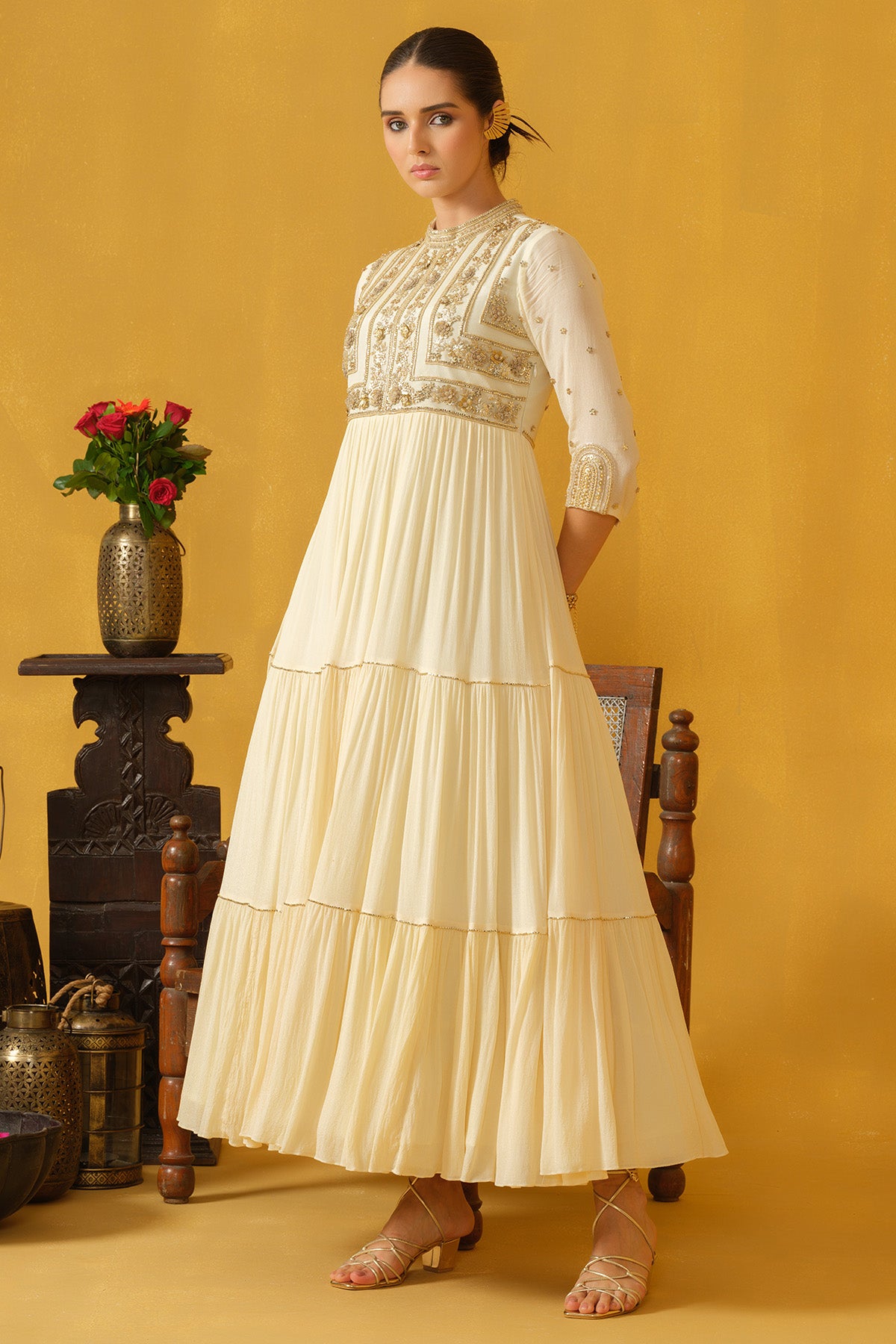 Off White Flower Sequins Dress