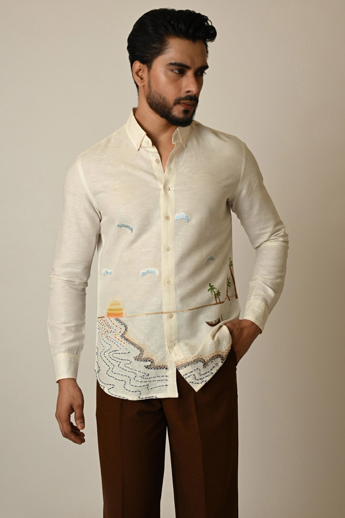 Buy Off White Linen Thread Shirt for men by Paarsh Atelier online available at scrollnshops