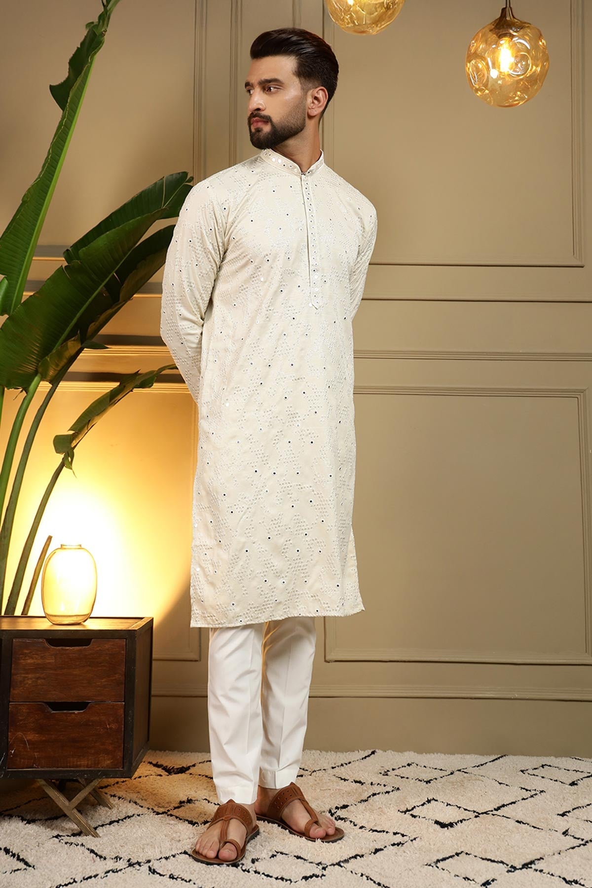 Buy Off White Mirror Kurta & Pants for men by Jyoti Fashion online available at scrollnshops