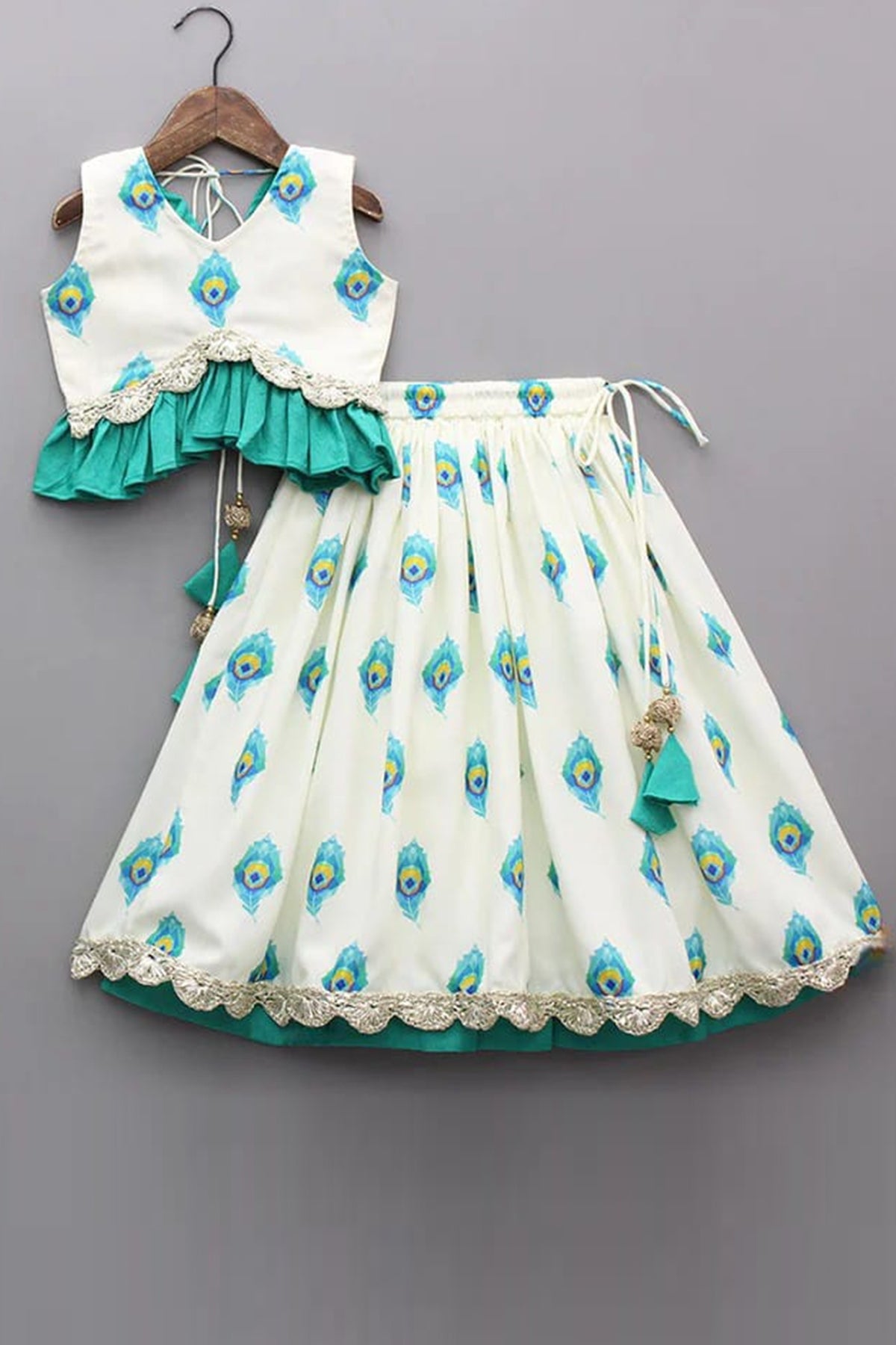 Buy Off White Mor Pankh Lehenga Set for girl by Little Brats online available at scrollnshops