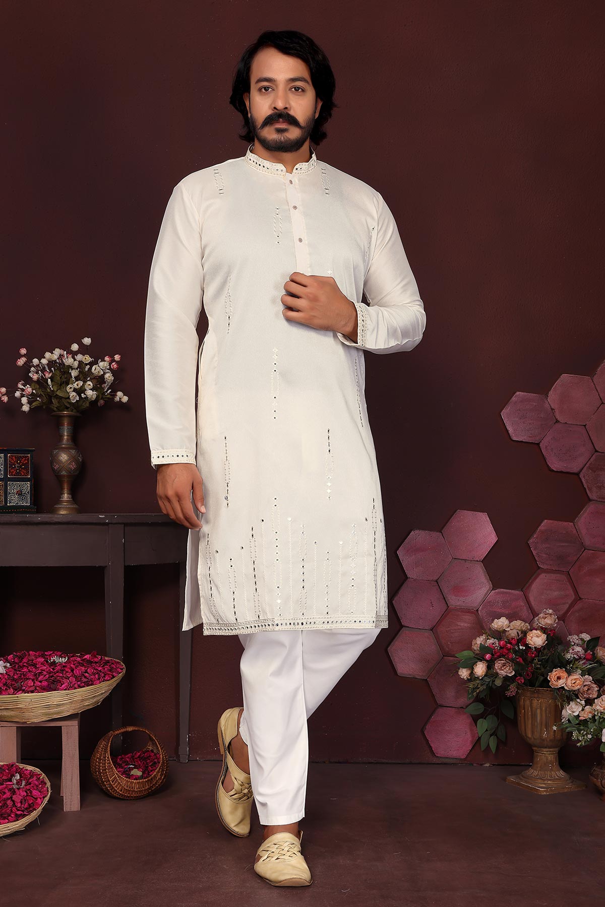 Buy Off White Silk Mirror Kurta Set for men by Jyoti Fashion online available at scrollnshops