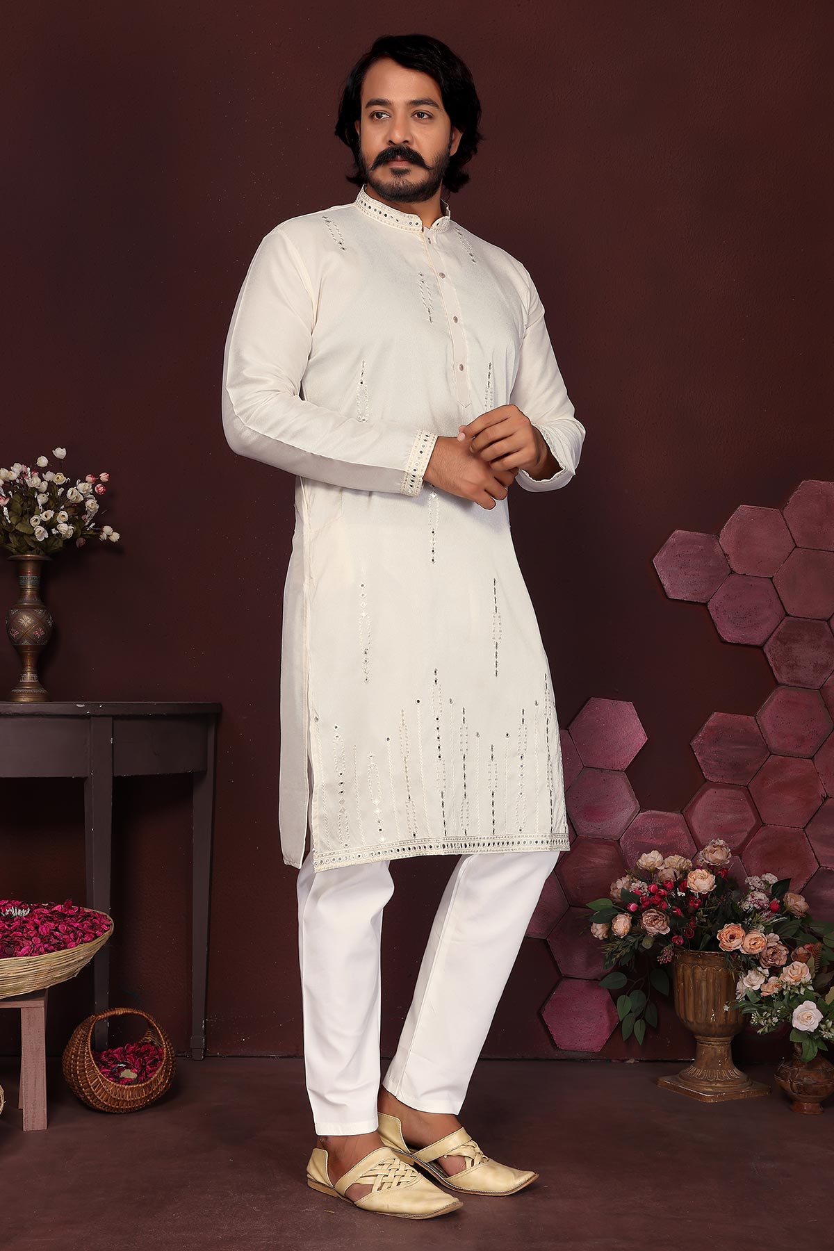 Off White Silk Mirror Kurta Set