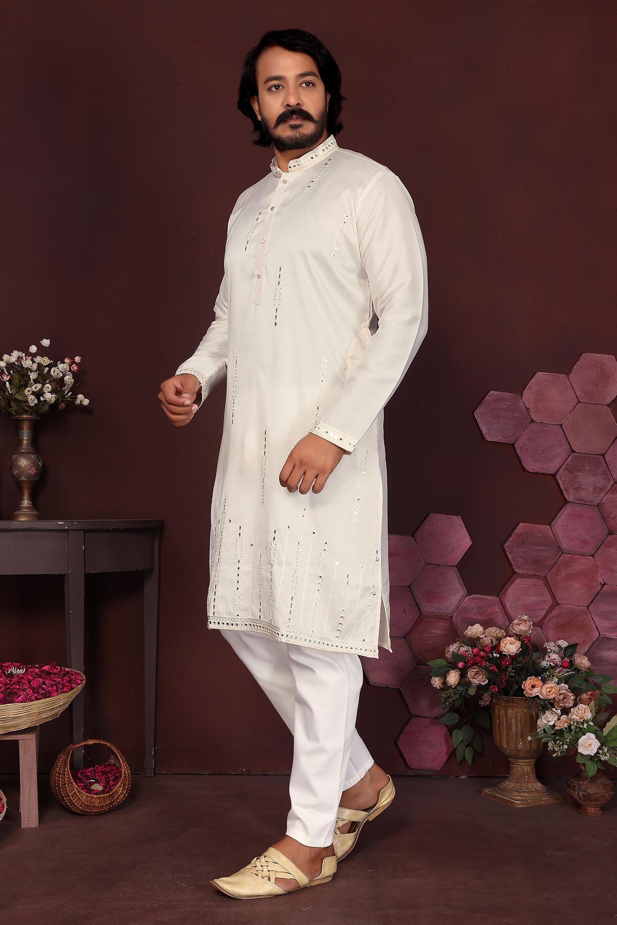 Off White Silk Mirror Kurta Set