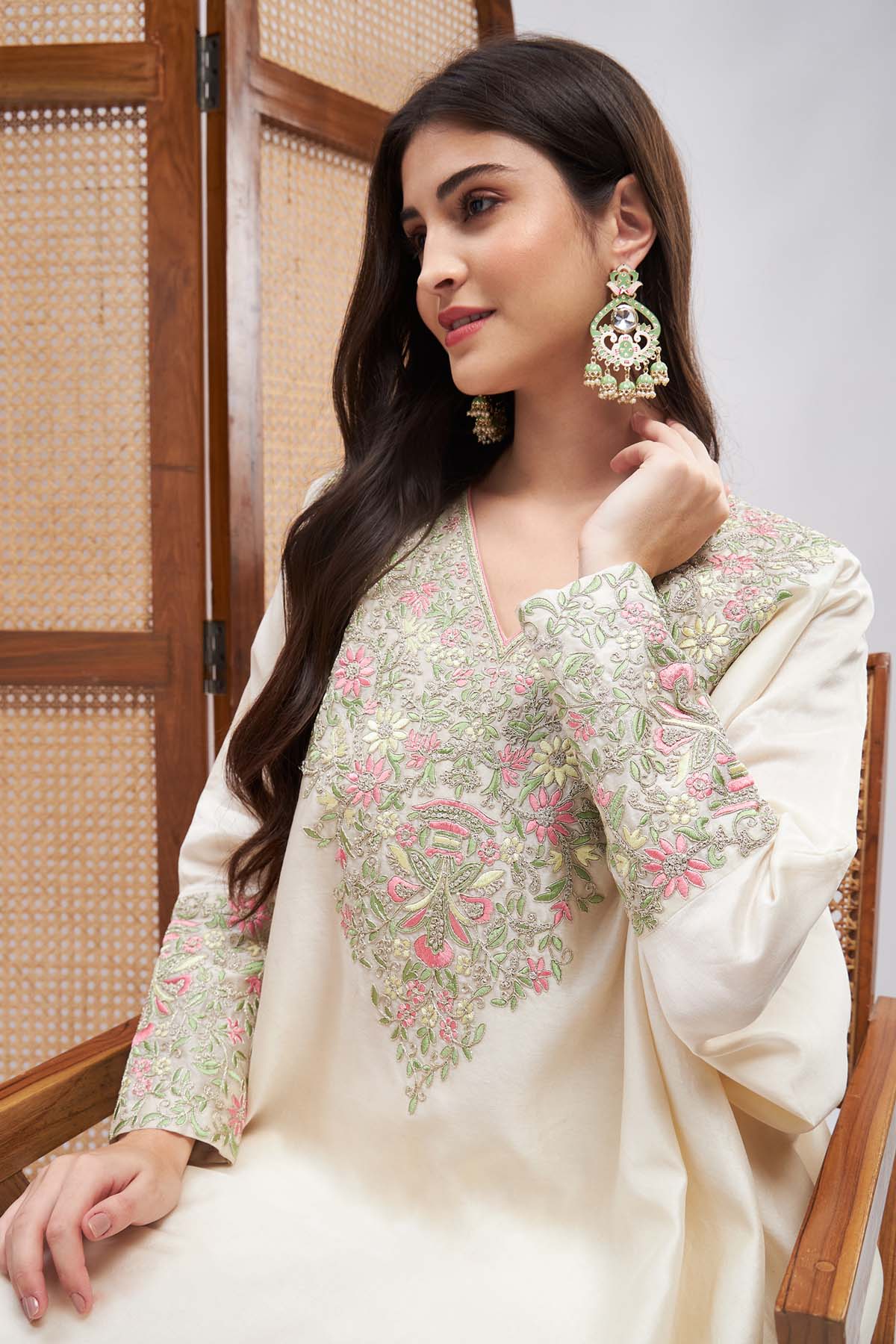 Offwhite Embroidered Kaftan Set