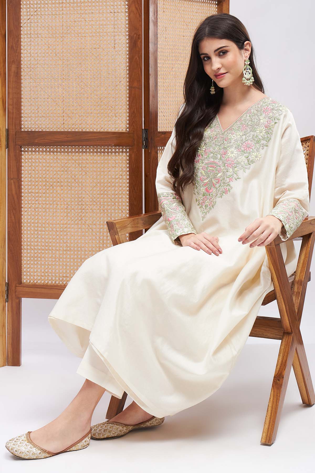 Offwhite Embroidered Kaftan Set