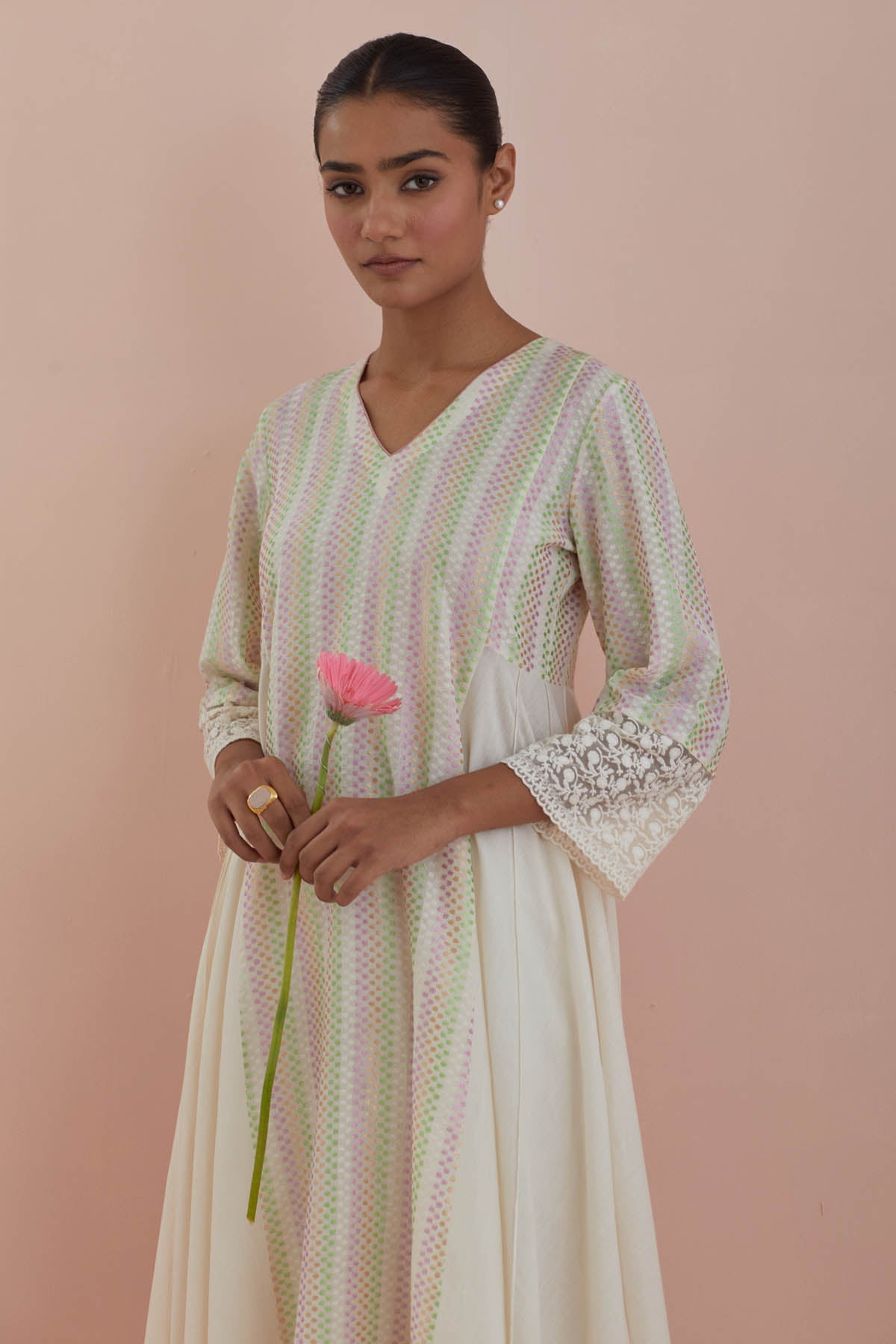 Offwhite Asymmetric Anarkali Set