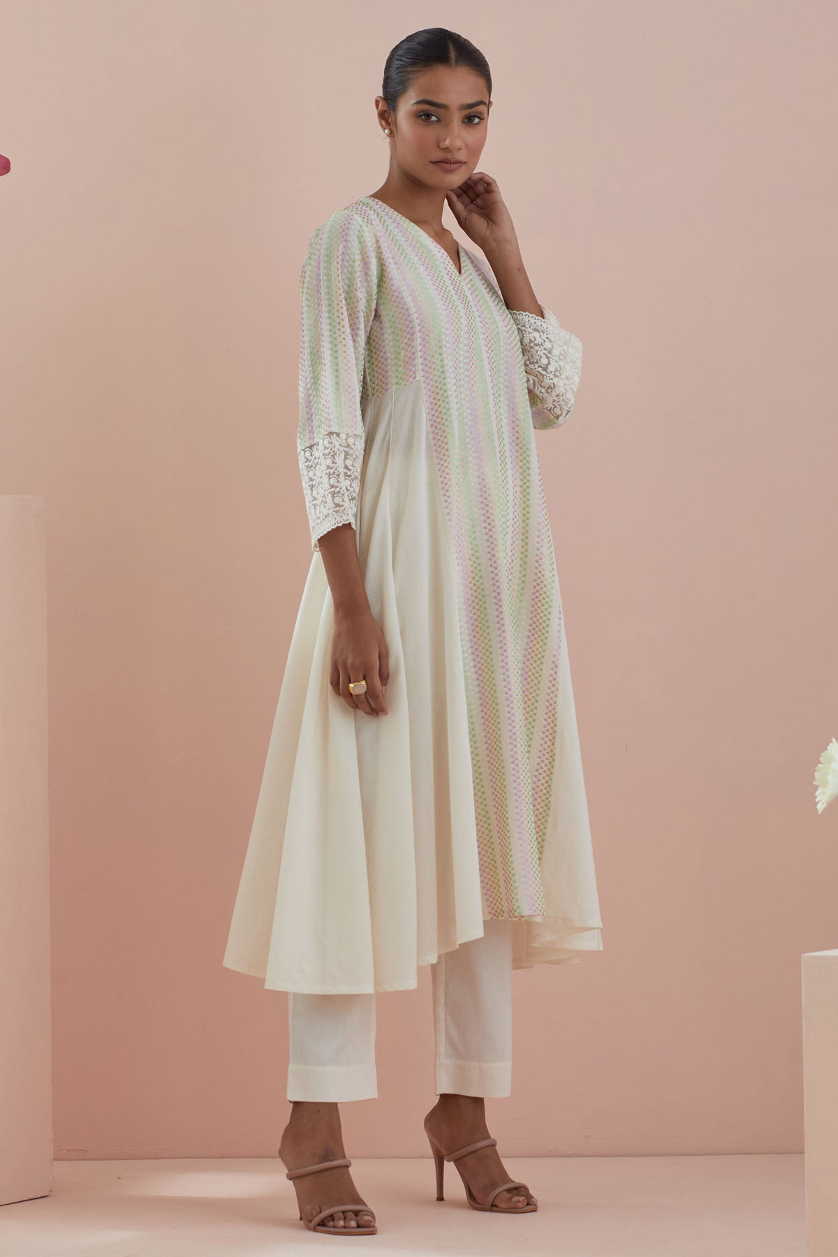 Offwhite Asymmetric Anarkali Set