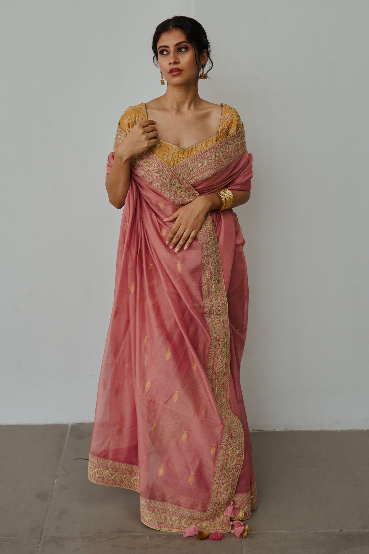 Old Rose Dori Embroidered Saree Set
