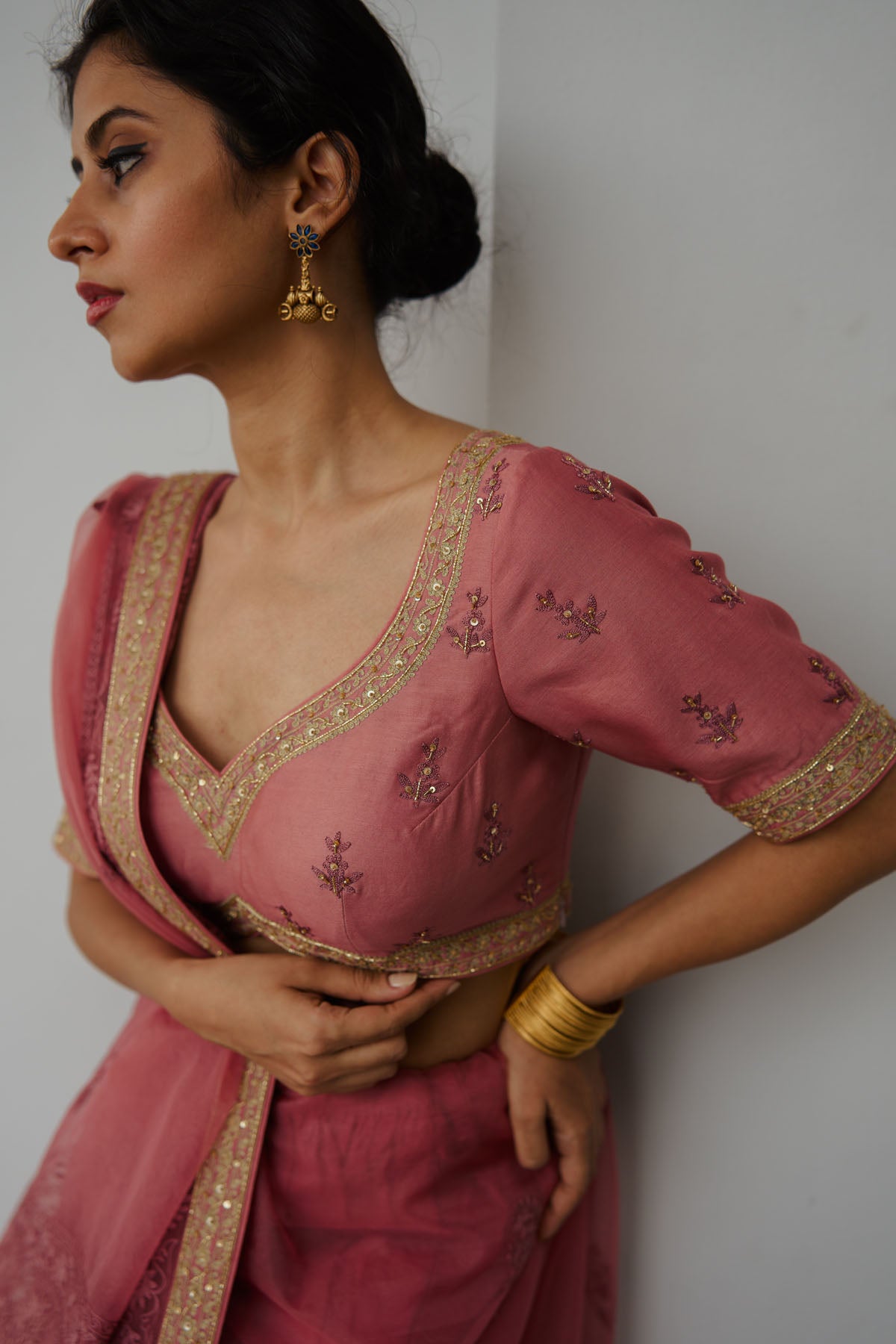 Old Rose Embroidered Saree Set